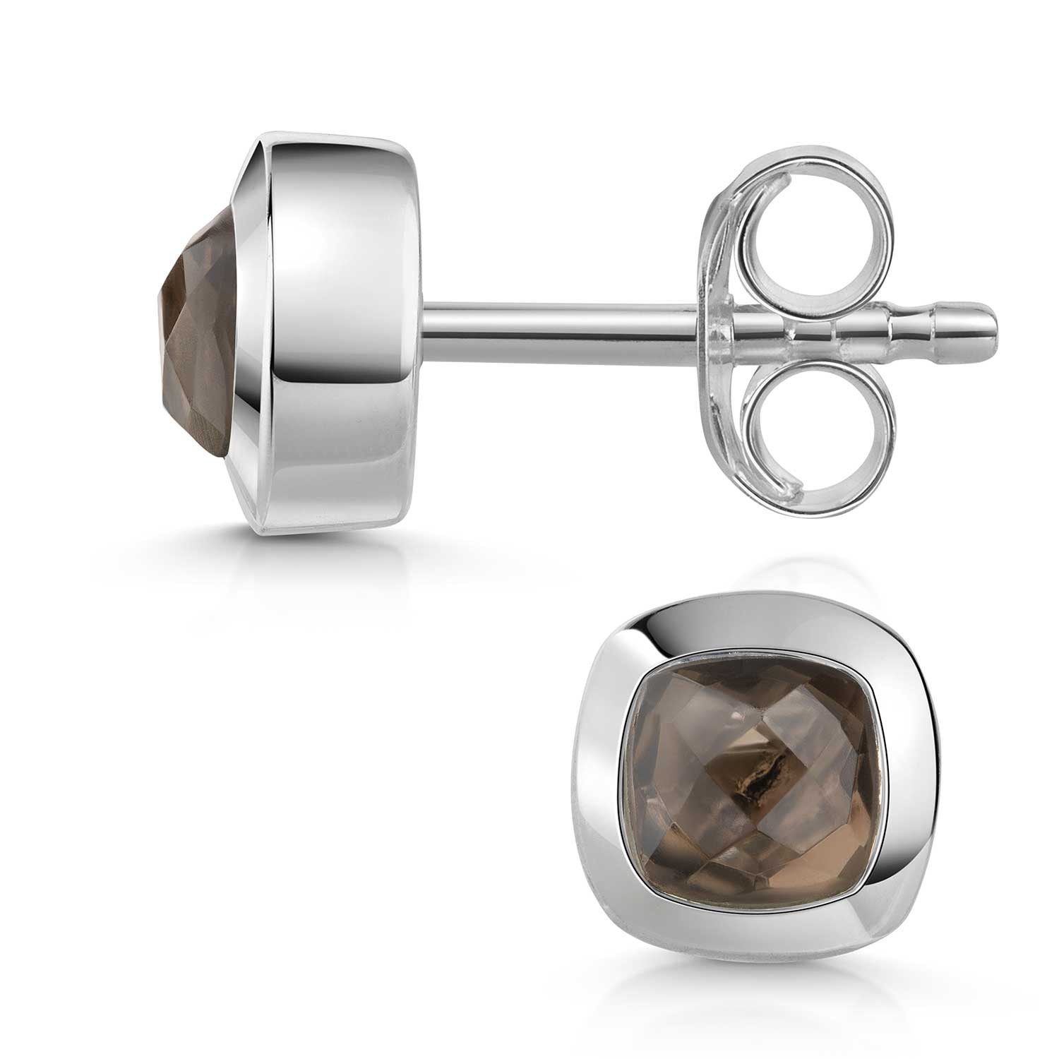 Materia Paar Ohrstecker Edelstein Rauchquarz braun facettiert quadratisch SO-340, 925 Sterling Silber