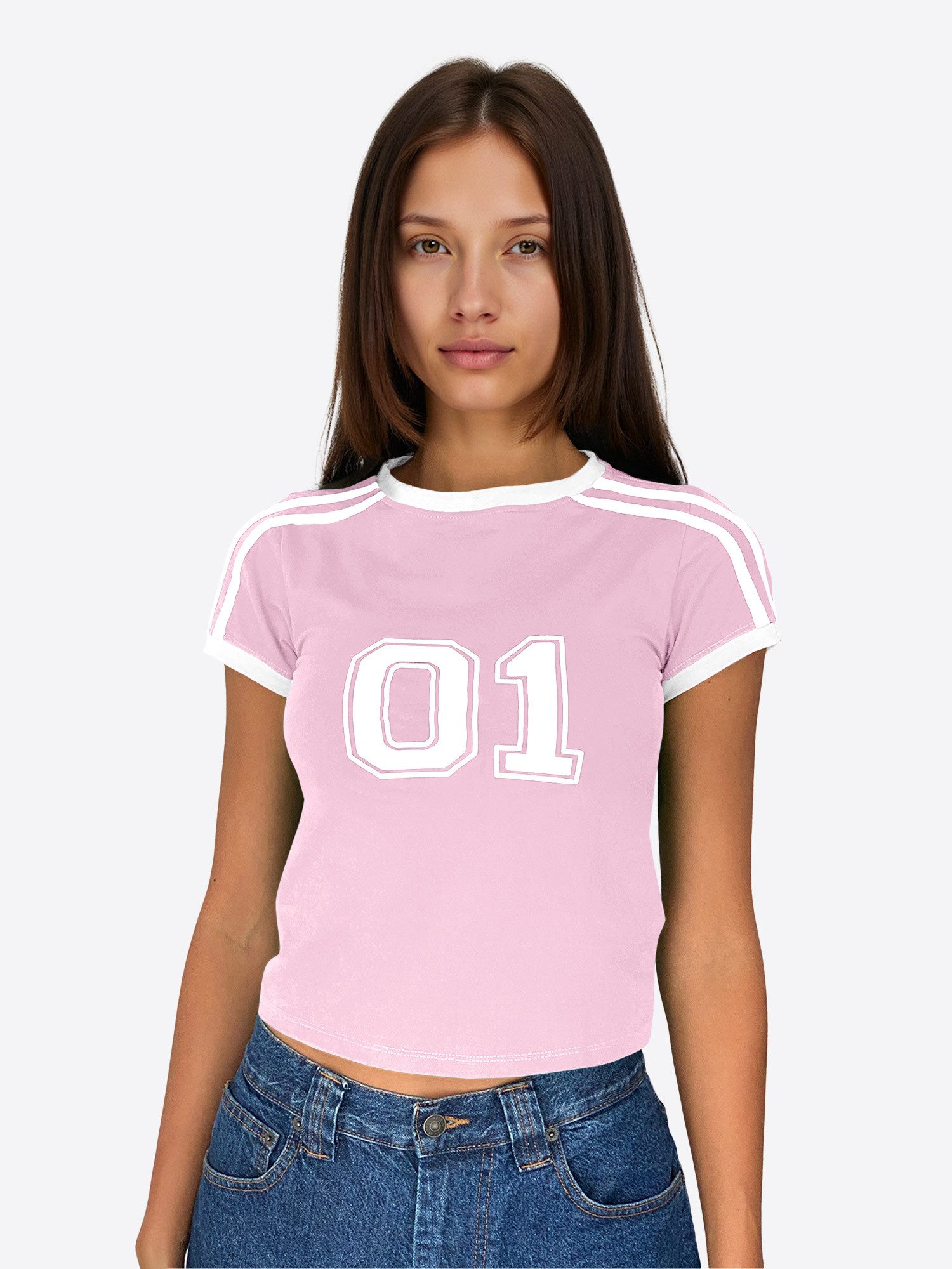 Imily Bela Print-Shirt Damen Sommer Cropped Kurzarm Y2k Kontraststreifen (Packung, 1-tlg., 1per-Pack) mit Rundhalsausschnitt Druck