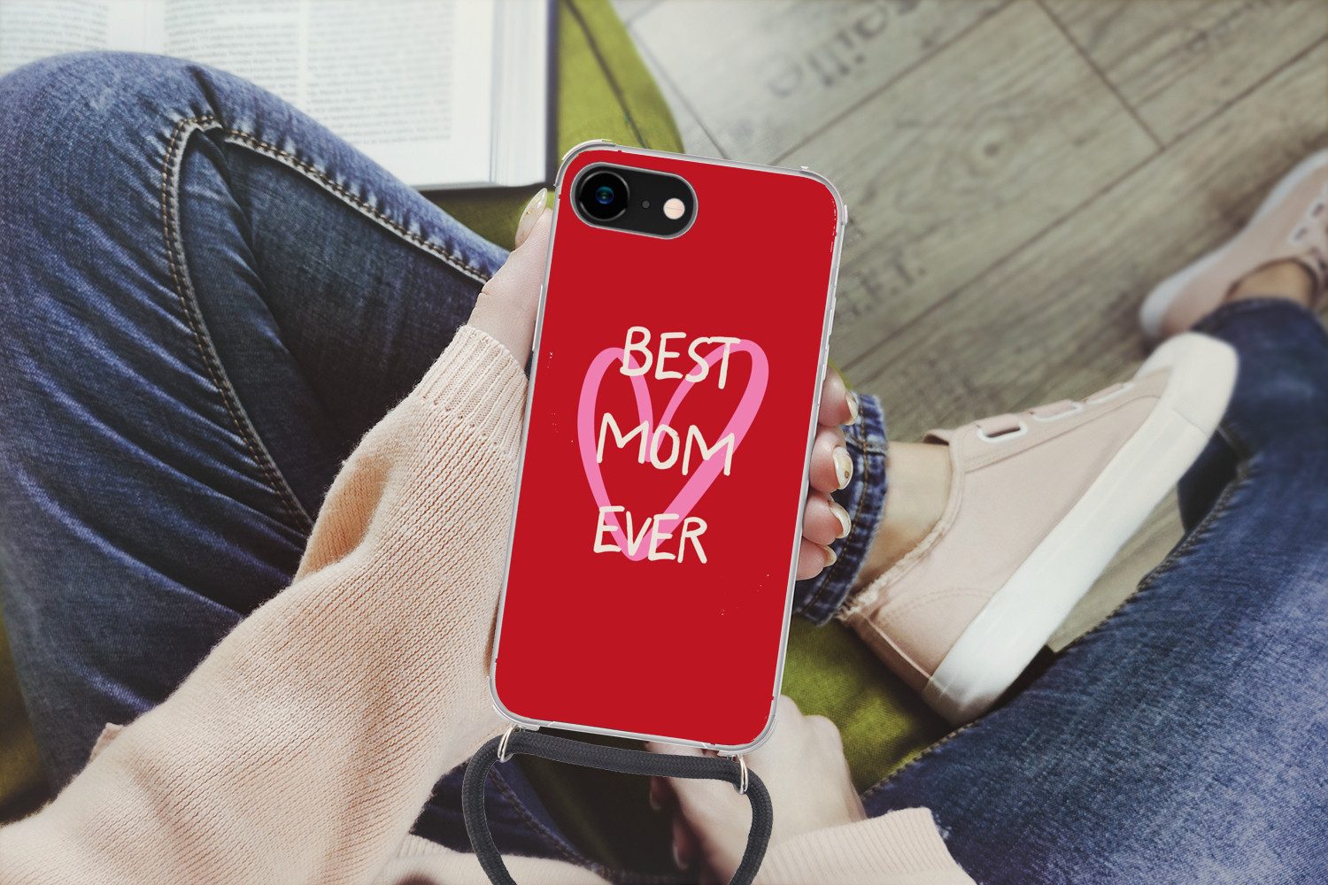 MuchoWow Handyhülle für Apple iPhone 7 Mutter - Zitat - Herz - Rot, Tragbare Handyhüllen mit Kette zum umhängen, Handykette Handyband