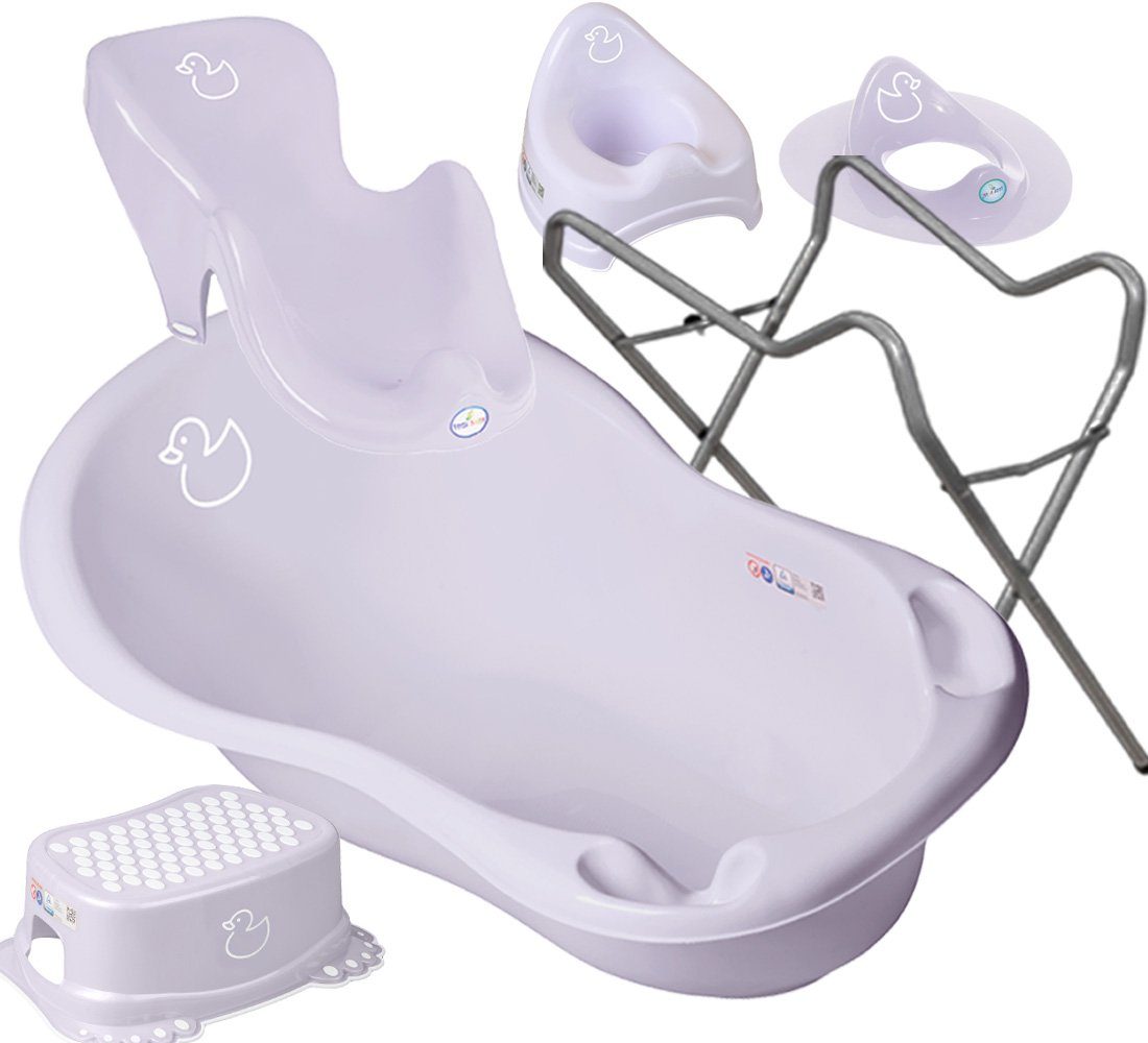 Tega-Baby Babybadewanne 5 Teile SET – DUCK Lila + Ständer Grau - -- Badeset Baby Wanne 86 cm, (Premium-Set 5 tlg+Gestell Made in Europe), = WANNE + BADESITZ + TÖPFCHEN + WC AUFSATZ + HOCKER + STÄNDER