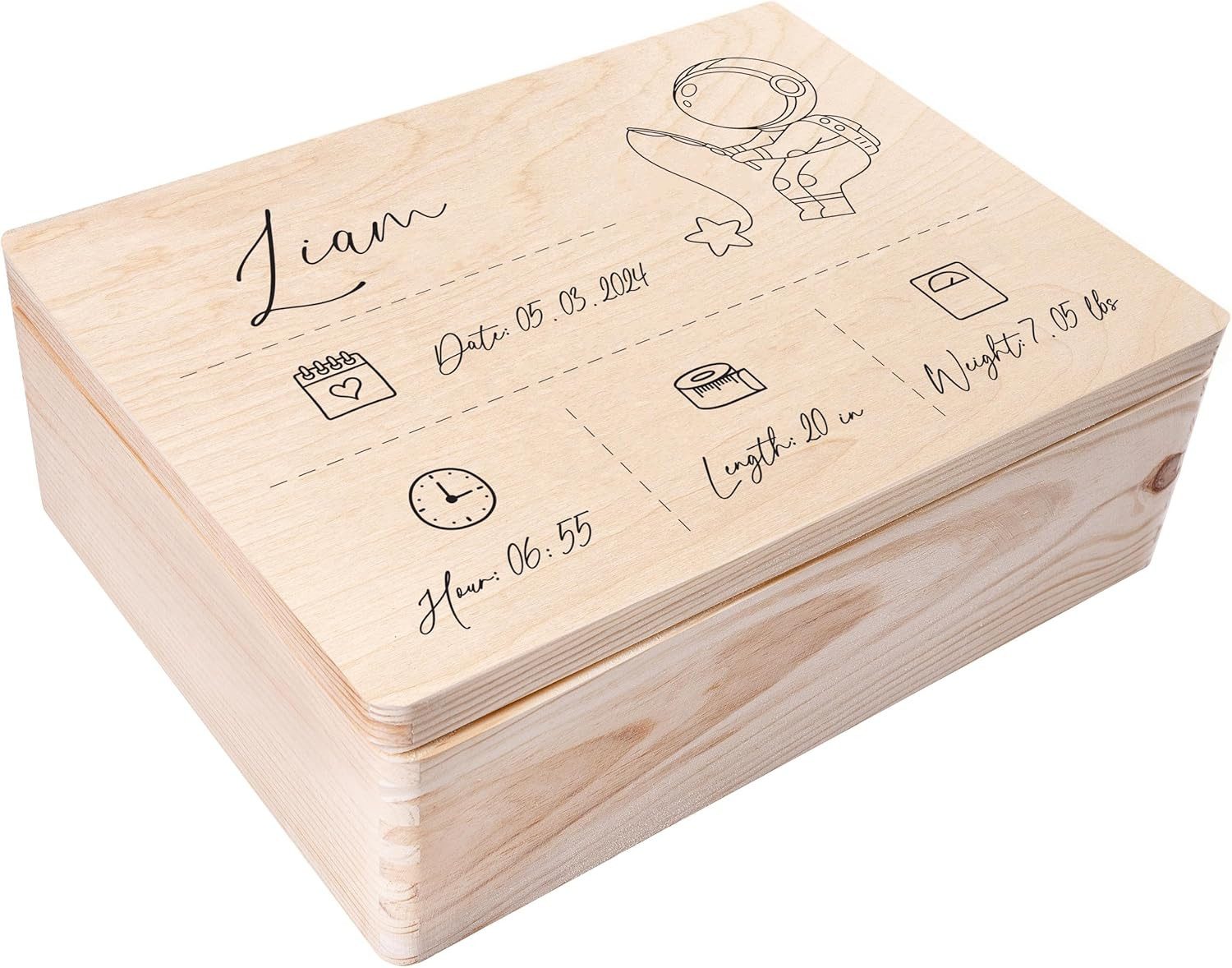 Holzkiste Erinnerungsbox Baby, Geschenk zur Geburt, Natur 40 x 30 x 14 cm