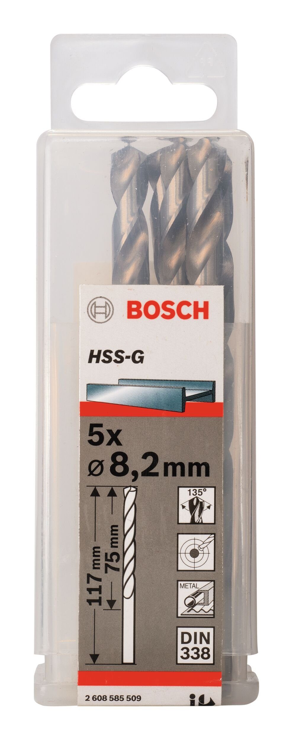 (5 Stück), 117 HSS-G (DIN Metallbohrer, x BOSCH - 8,2 75 mm 338) 5er-Pack x -