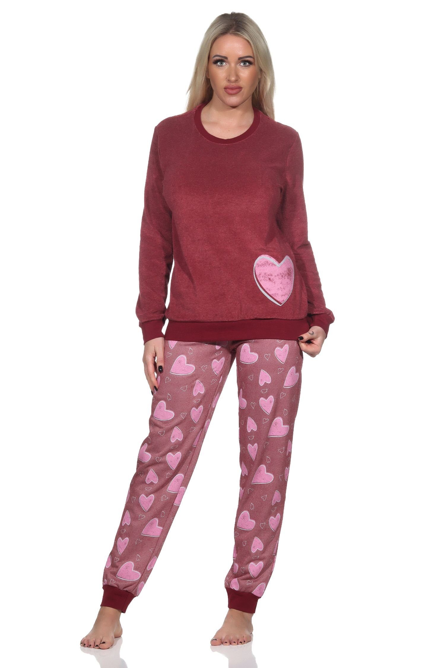 Normann Pyjama Normann Damen Frottee Schlafanzug langarm mit Bündchen in Herz Optik beere
