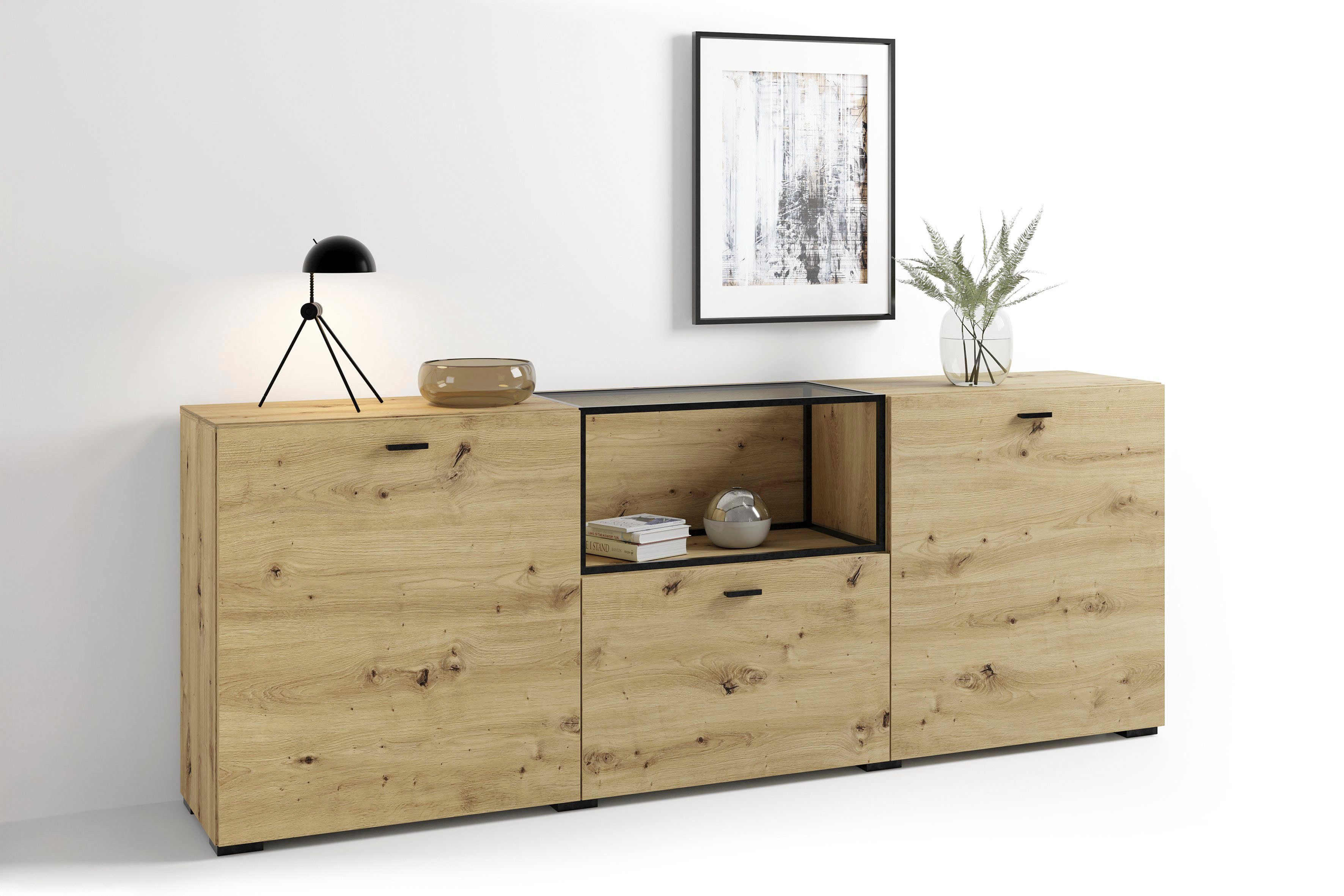 byLIVING Sideboard Frame (1 St), moderne Kommode mit Metalleinsatz und Glasplatte, 200cm breit.