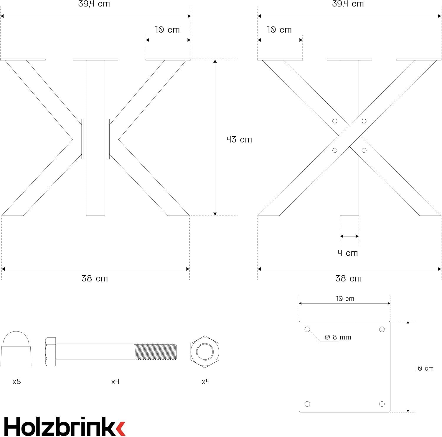 HOLZBRINK Tischbein HOLZBRINK Tischbeine Metall Tischgestell für Beistelltisch 40x40x43, 1 Stück Computertisch Gartentisch