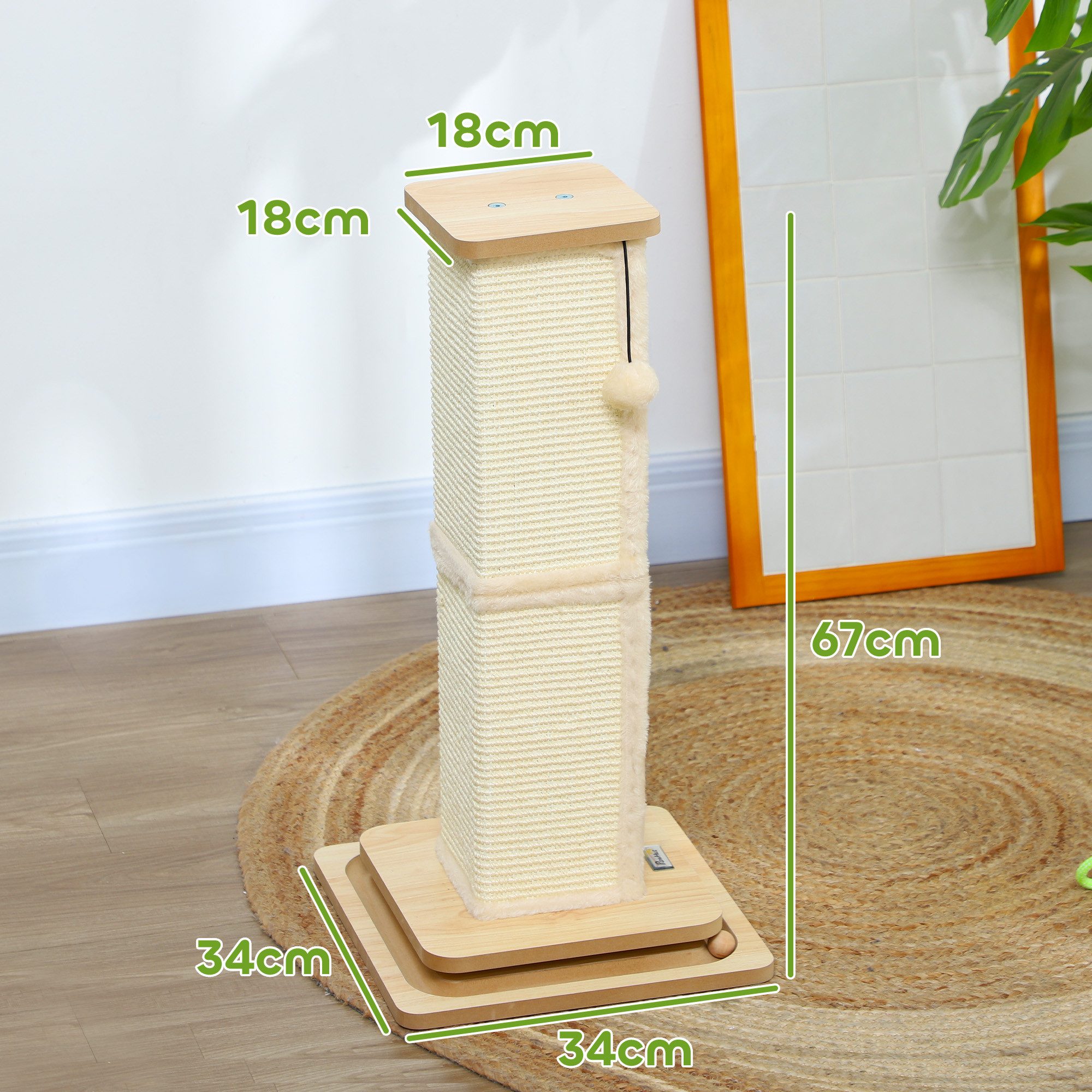 PawHut Kratzbaum 3-in-1 Design, 67cm Kratzsäule, Sisal-Katzenkratzbaum mit Spielball, Indoor, Eiche