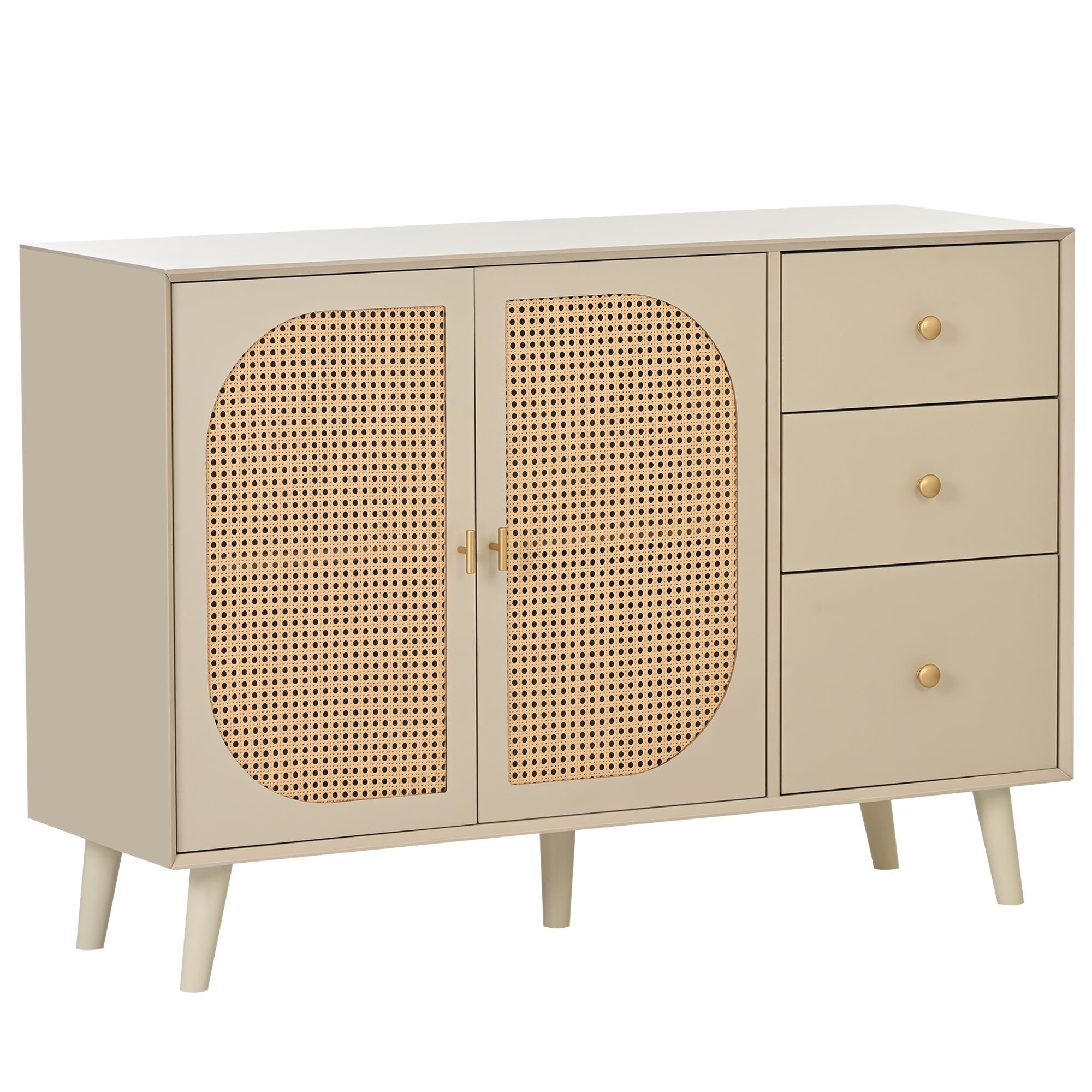 Merax Sideboard aus Holz mit 3 Schubladen und Rattan Geflechte Türen, Kommode mit Holzfüßen,Metall Bügelgriff,Lowboard,TV-Board,B:120cm