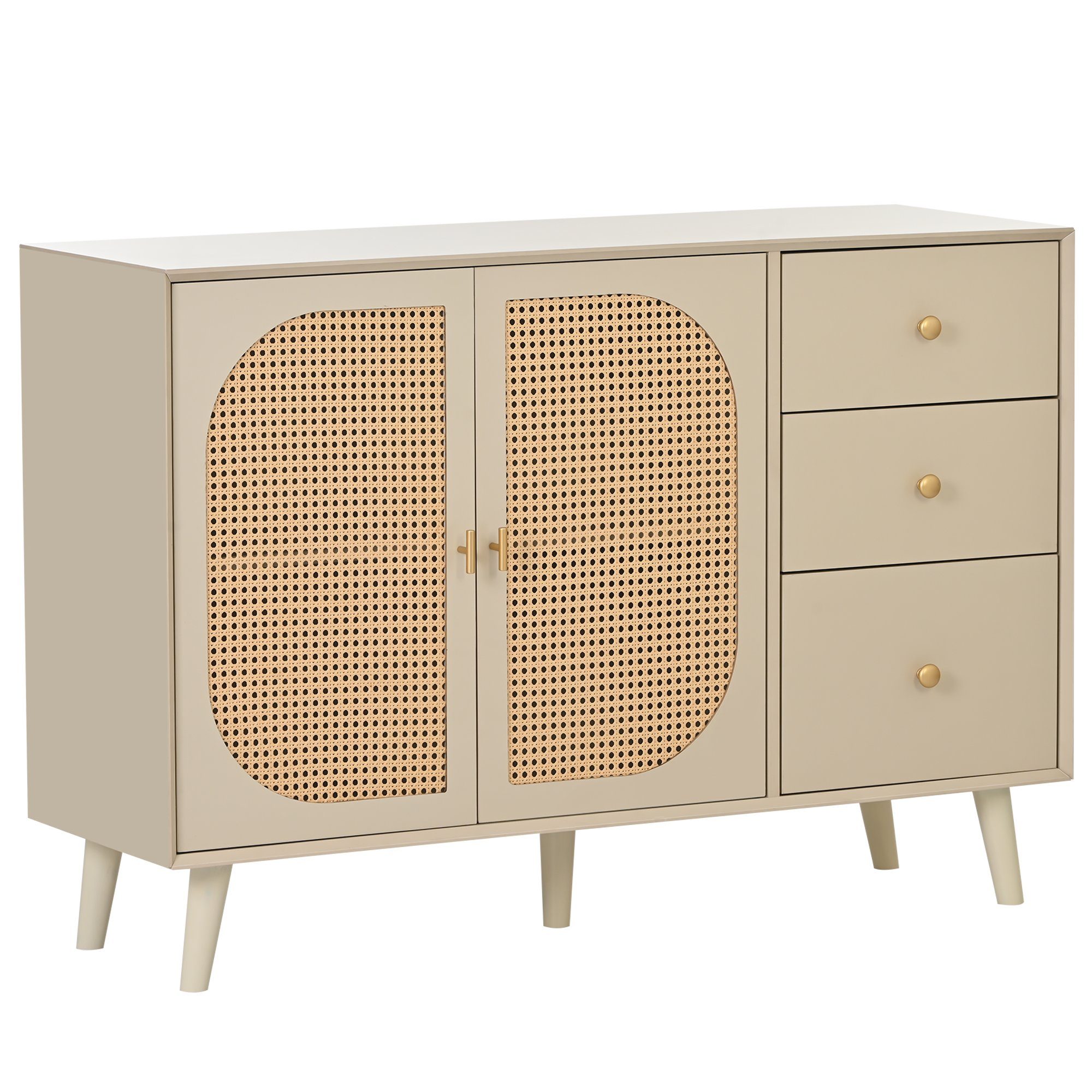 Merax Sideboard aus Holz Rattan Geflechte Schubladen 3 Lowboard, Kommode TV-Board, B:120cm und Bügelgriff, mit Türen, Metall Holzfüßen, mit