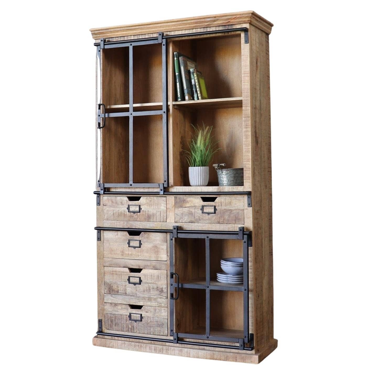baario Vitrine Schrank FINE Vitrine Vintage Massivholz & Eisen Industrial Design Schiebetüren
