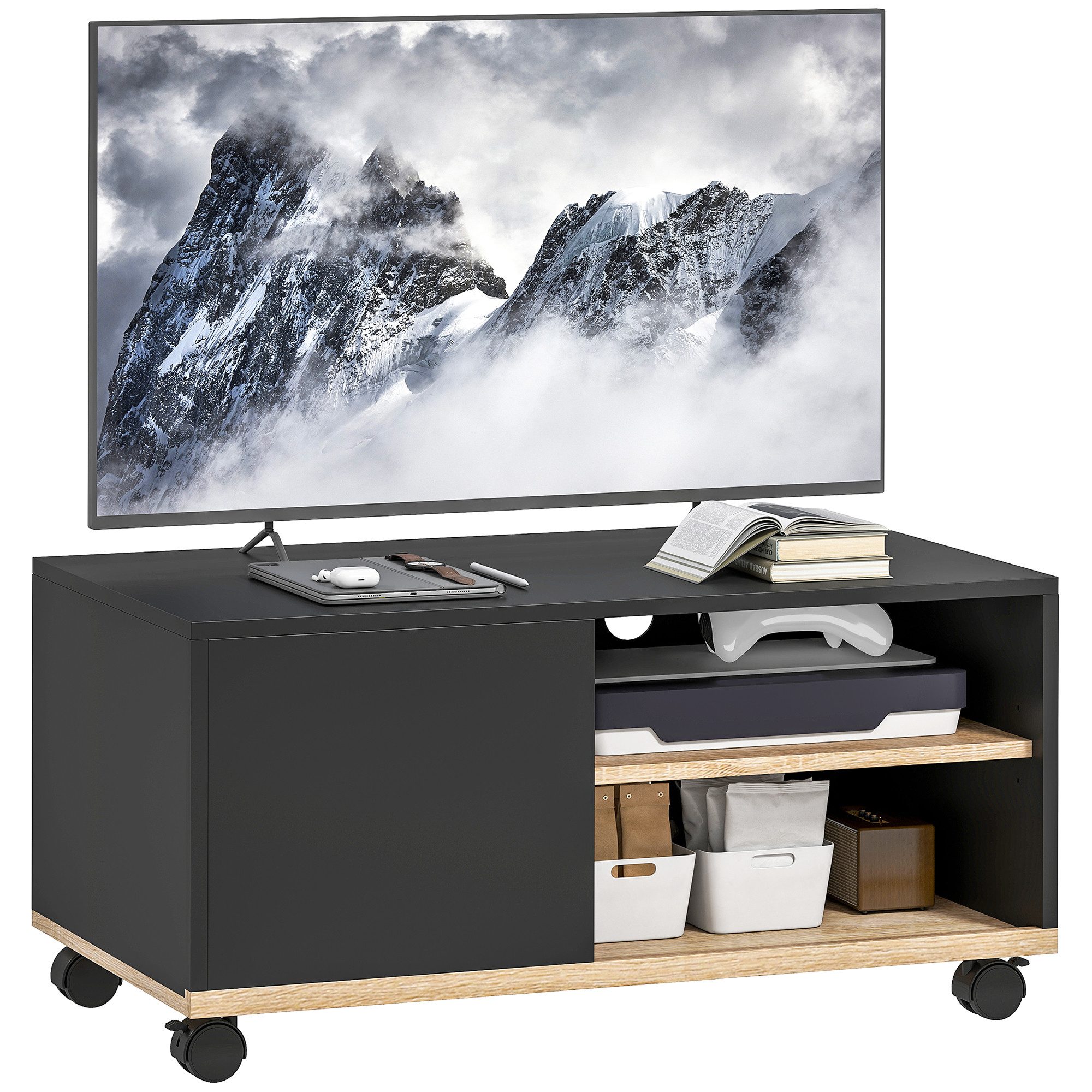HOMCOM TV-Board Fernsehtisch für Fernseher bis 32 Zoll (Lowboard auf Rollen, 1 St., 1 TV-Schrank), Mit Rollen und Kabelführung, für 32 Zoll TV