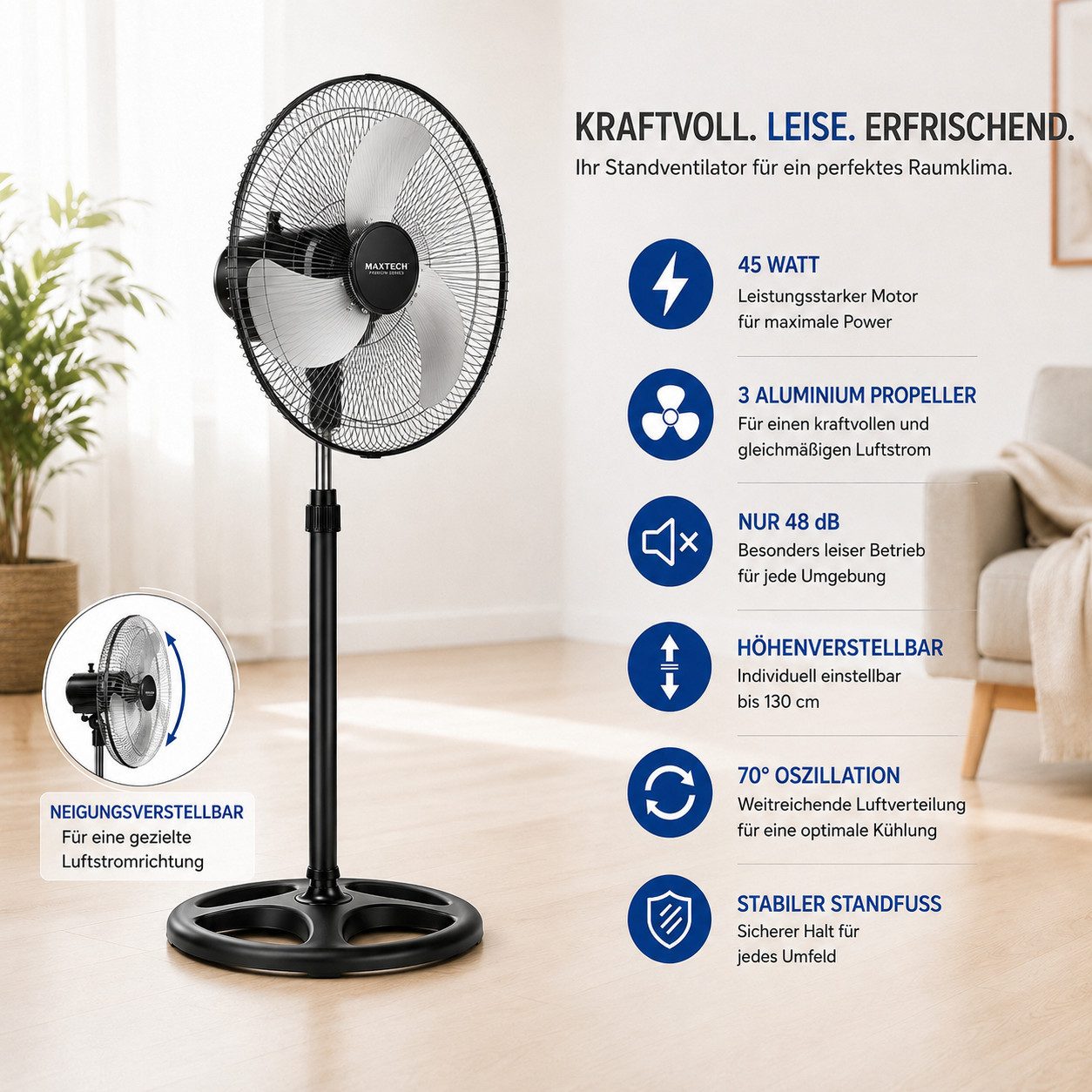 Ertex Standventilator Standventilator Ventilator Kühler 45W Standventilator 130cm STARK