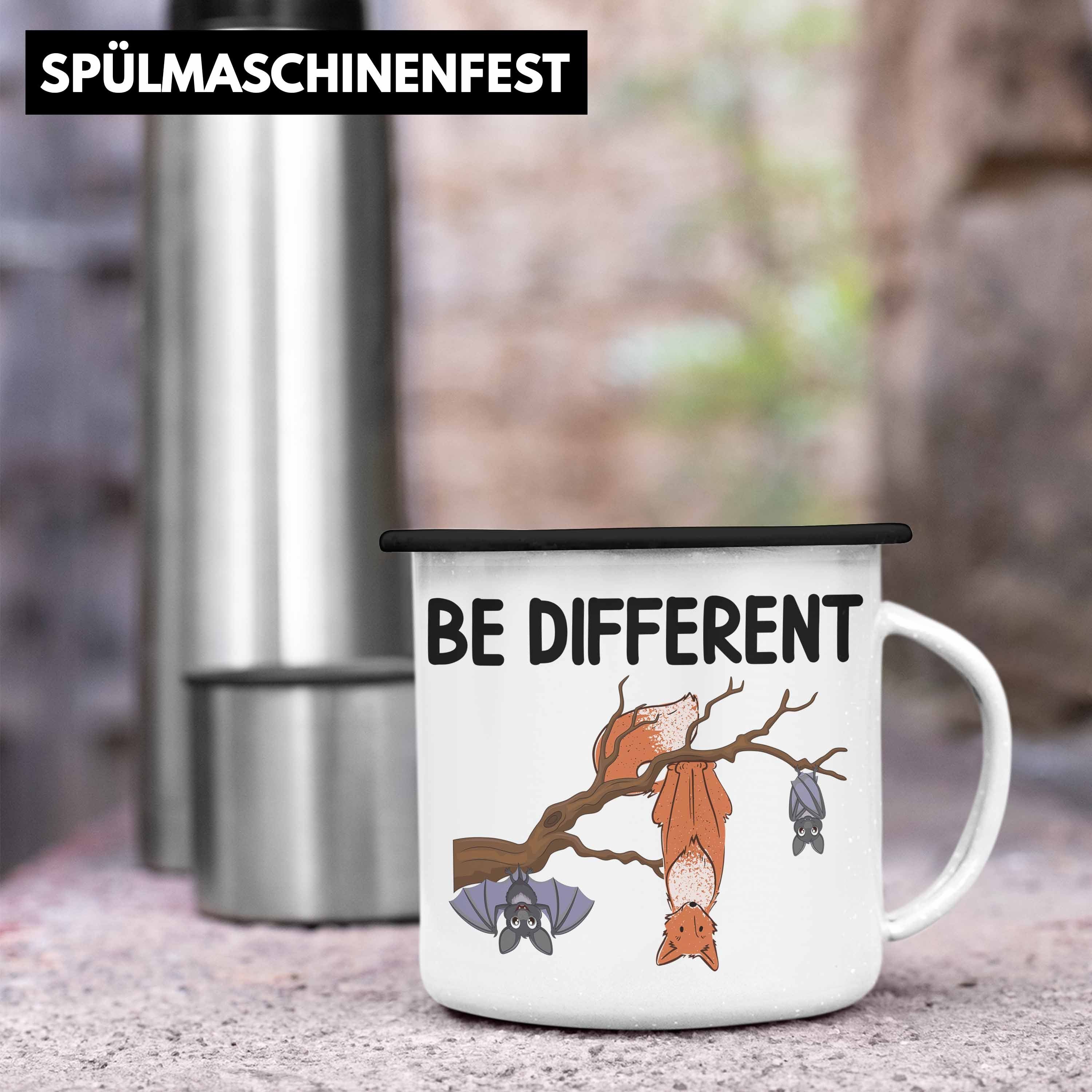 Trendation Thermotasse Trendation - Fuchs Different Fledermaus Emaille Geschenkidee Be Frauen Geschenk für Tasse Schwarz