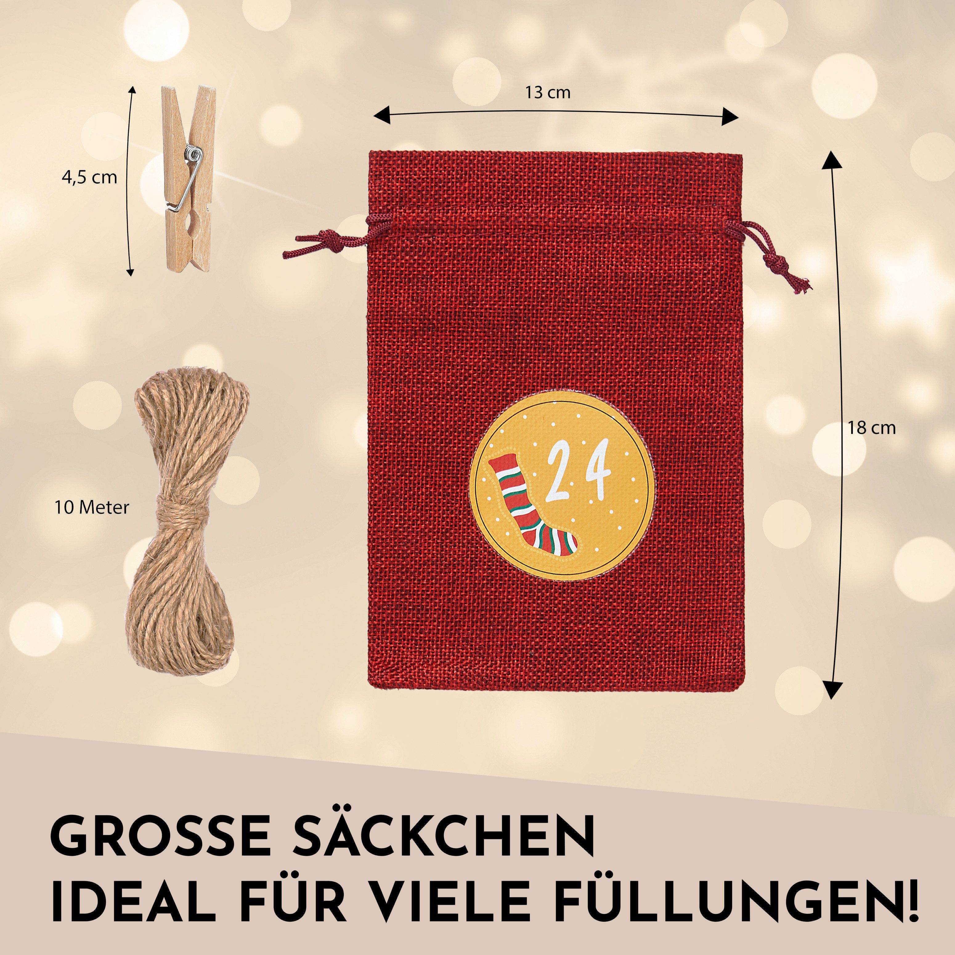 Nordstern befüllbarer Adventskalender 24 große Jutesäckchen mit Schnur und Klammern, DIY Weihnachtskalender Beutel für Kinder – Bild 3 von 5