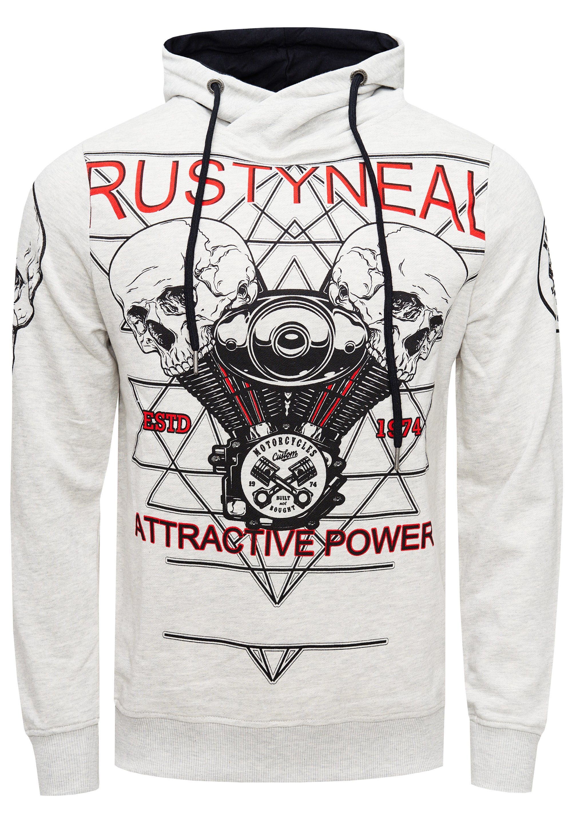Print rockigem Neal Kapuzensweatshirt Sweater mit grau Rusty Rusty Neal