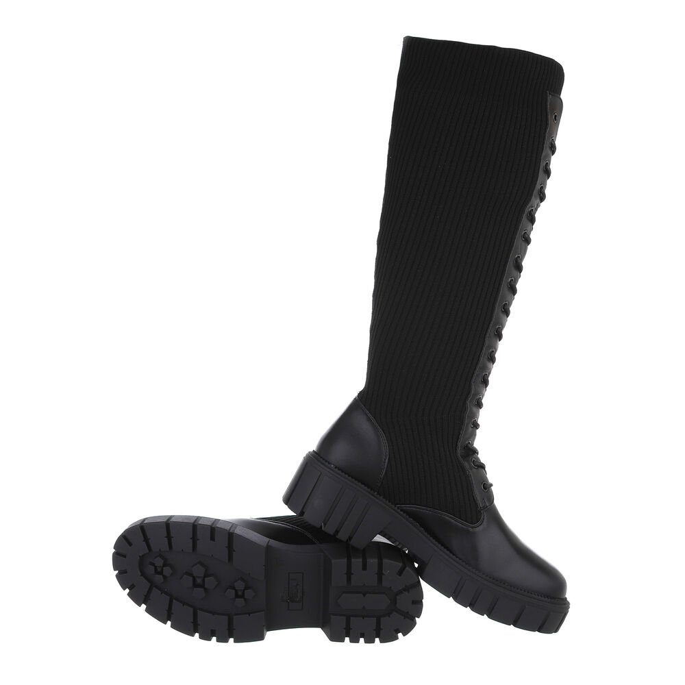 Plateaustiefel in Schwarz Damen Ital-Design Blockabsatz Freizeit Schnürstiefel Schnürschuhe