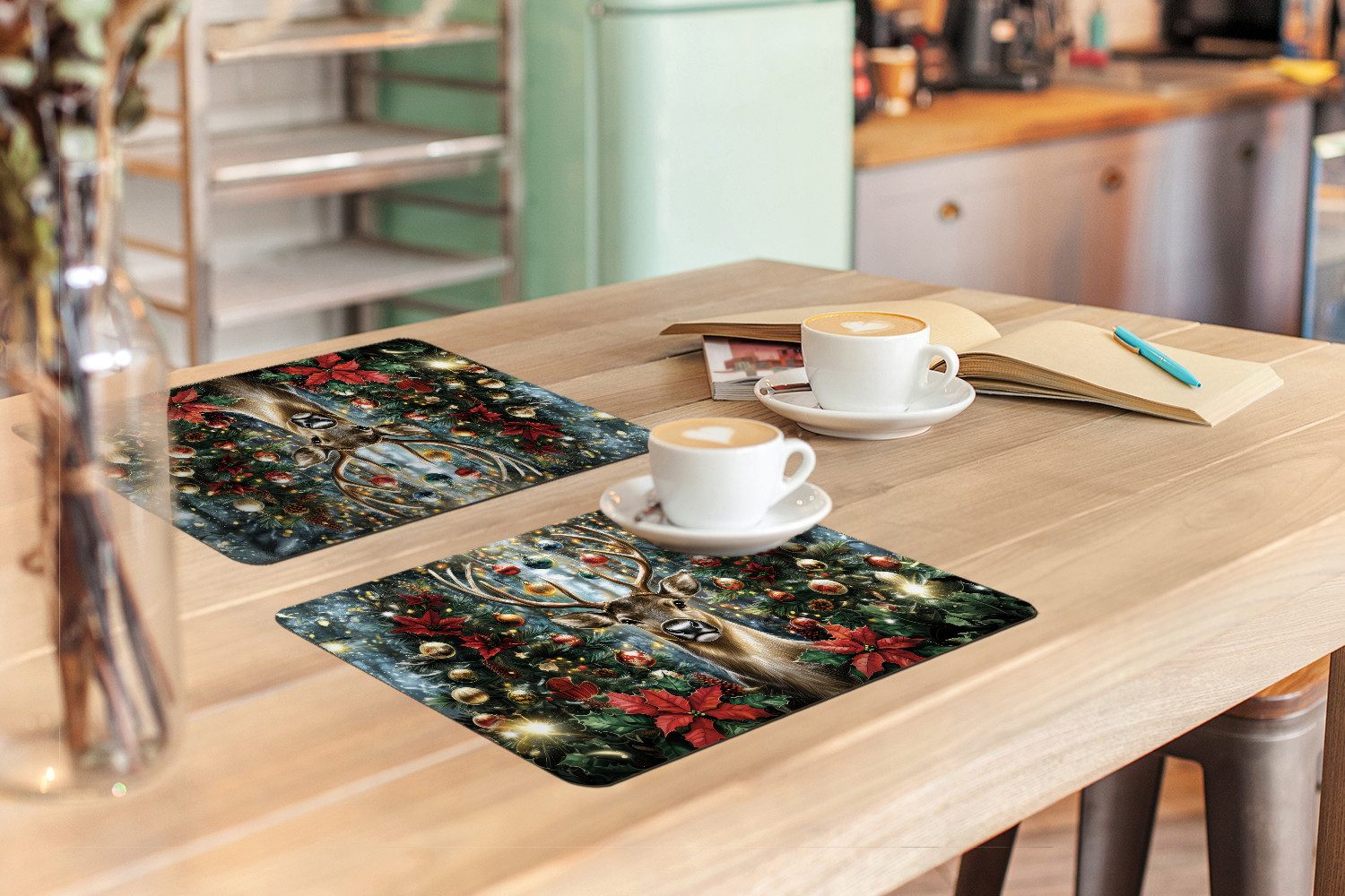 MuchoWow Platzset Weihnachtsfeier - Tannenwald - Rot, (6-St), Platzsets, Tischset, Abwaschbar, Tischsets, Platzdeckchen