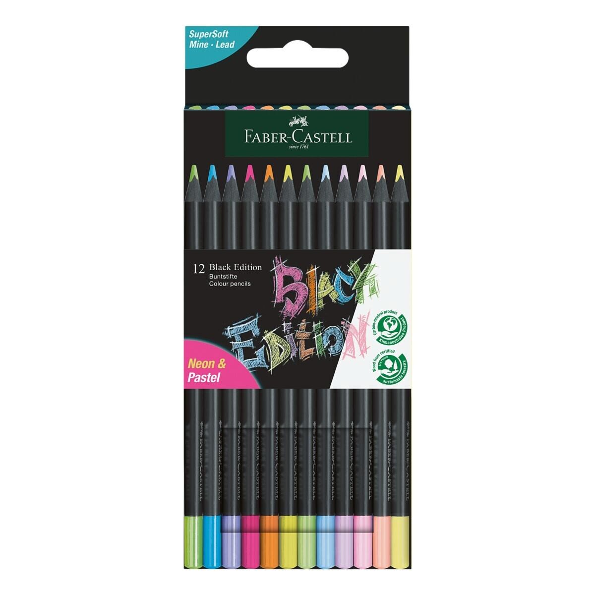 Faber-Castell Buntstift Black Edition neon + pastell, (12-tlg), 12 Farben
