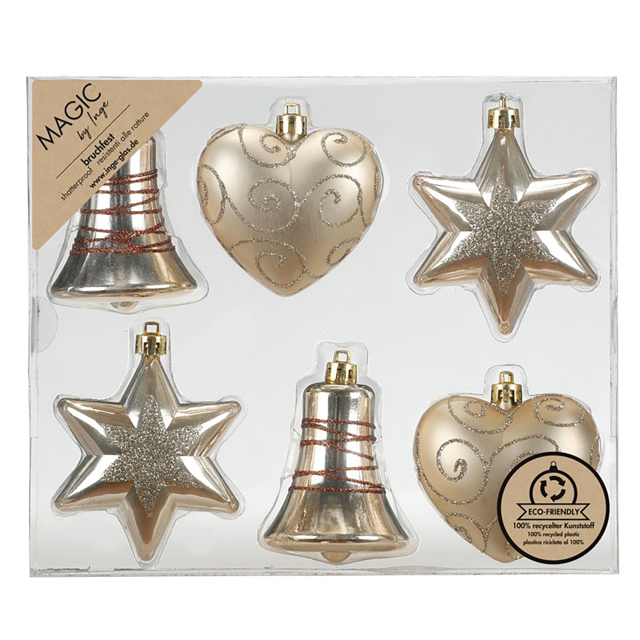 MAGIC by Inge Weihnachtsbaumkugel, Christbaumschmuck Formen Mix 9cm Kunststoff 6er Set - Creamy Gold
