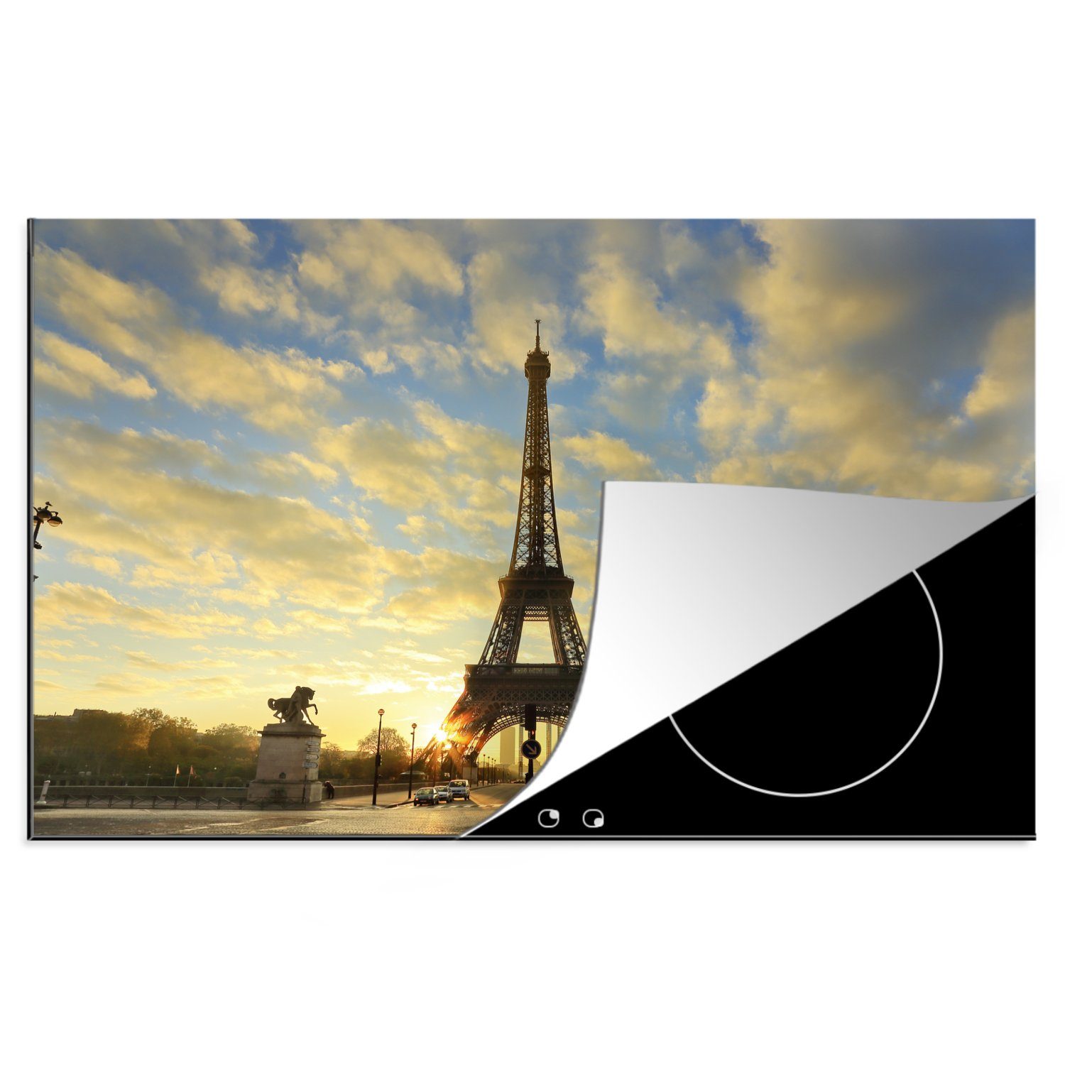 MuchoWow Herdblende-/Abdeckplatte Der Eiffelturm mit einem einzigartigen orangefarbenen Himmel aufgrund, Vinyl, (1 tlg), 81x52 cm, Induktionskochfeld Schutz für die küche, Ceranfeldabdeckung
