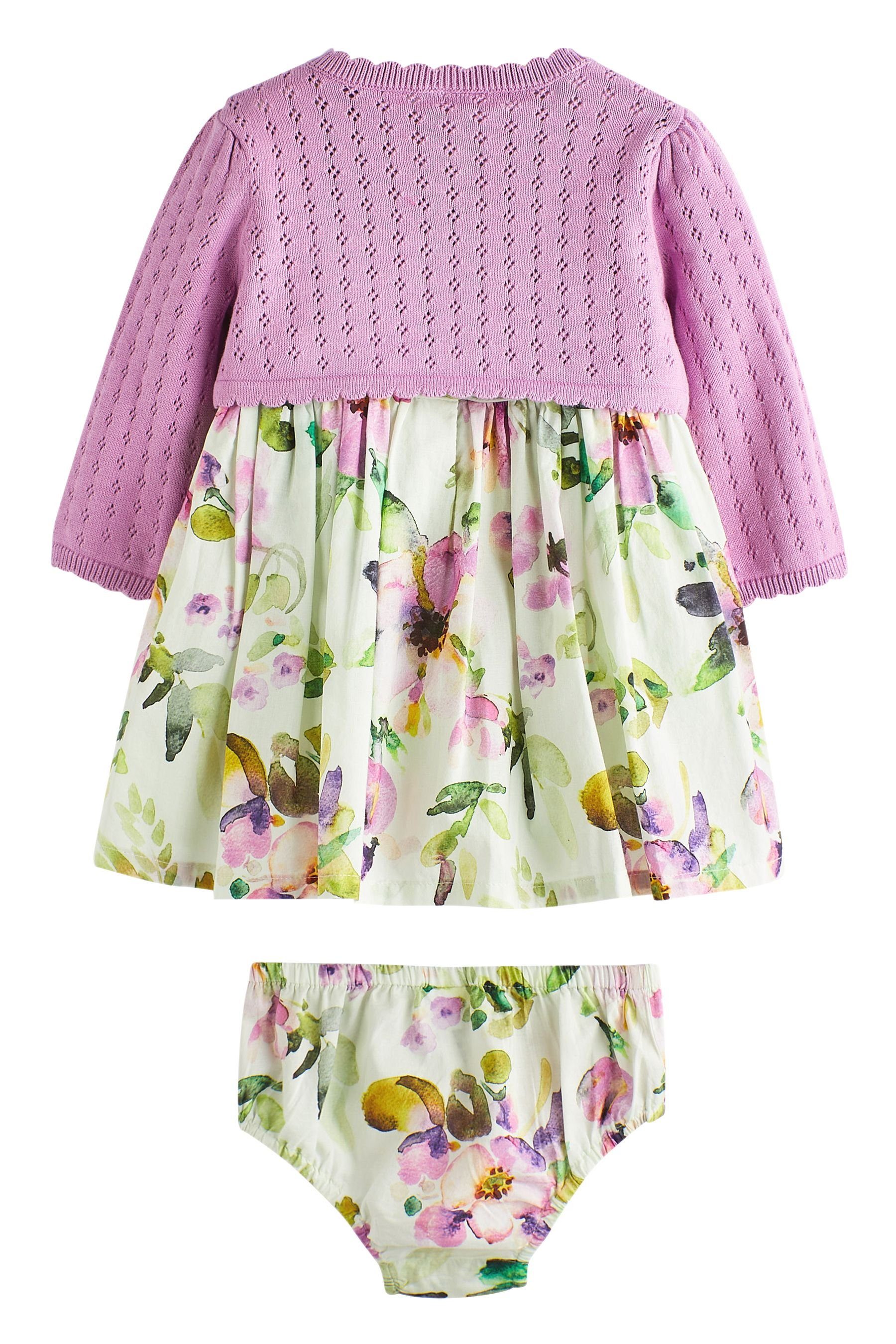 Next Partykleid für (3-tlg) Kleid Purple Babys Strickjacke Lilac und Floral Gewebtes