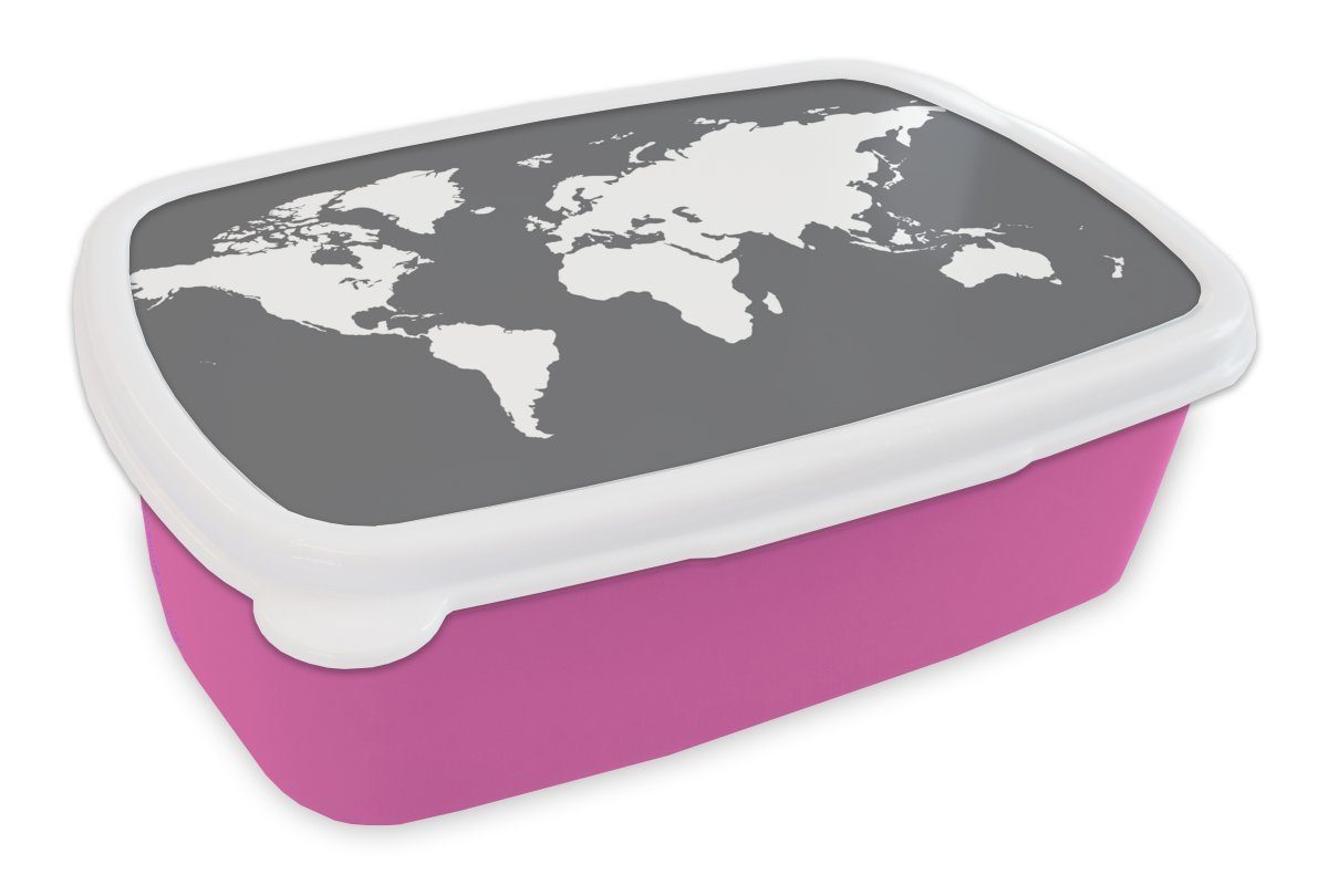 Lunchbox Grau, - Mädchen, MuchoWow Brotbox Brotdose Kunststoff Snackbox, (2-tlg), rosa Weltkarte Kinder, Erwachsene, Weiß - für Kunststoff,