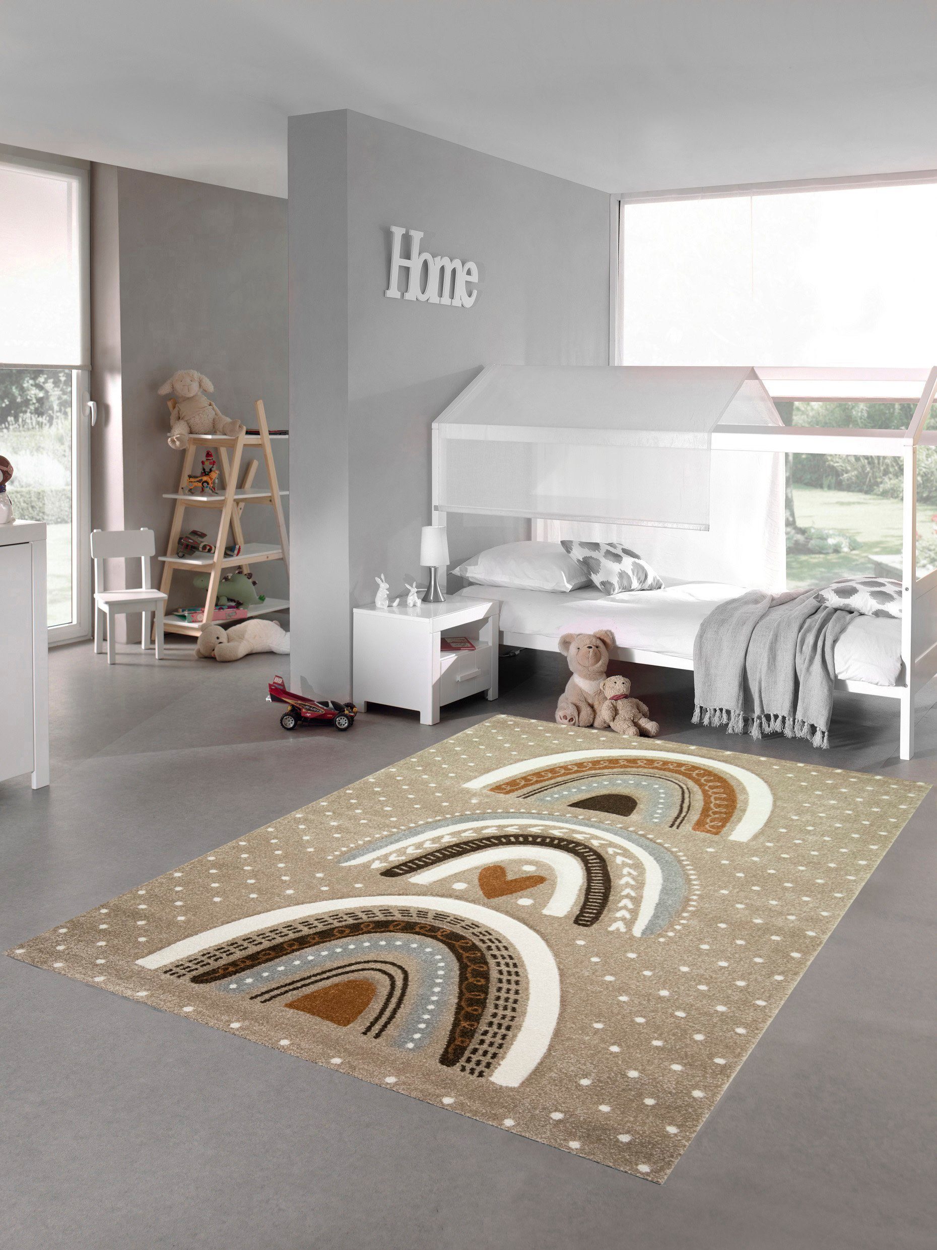 Kinderteppich Kinderzimmer Teppich Spielteppich gepunktet Herz Regenbogen Design Creme Beige, Teppich-Traum, rechteckig, Höhe: 13 mm