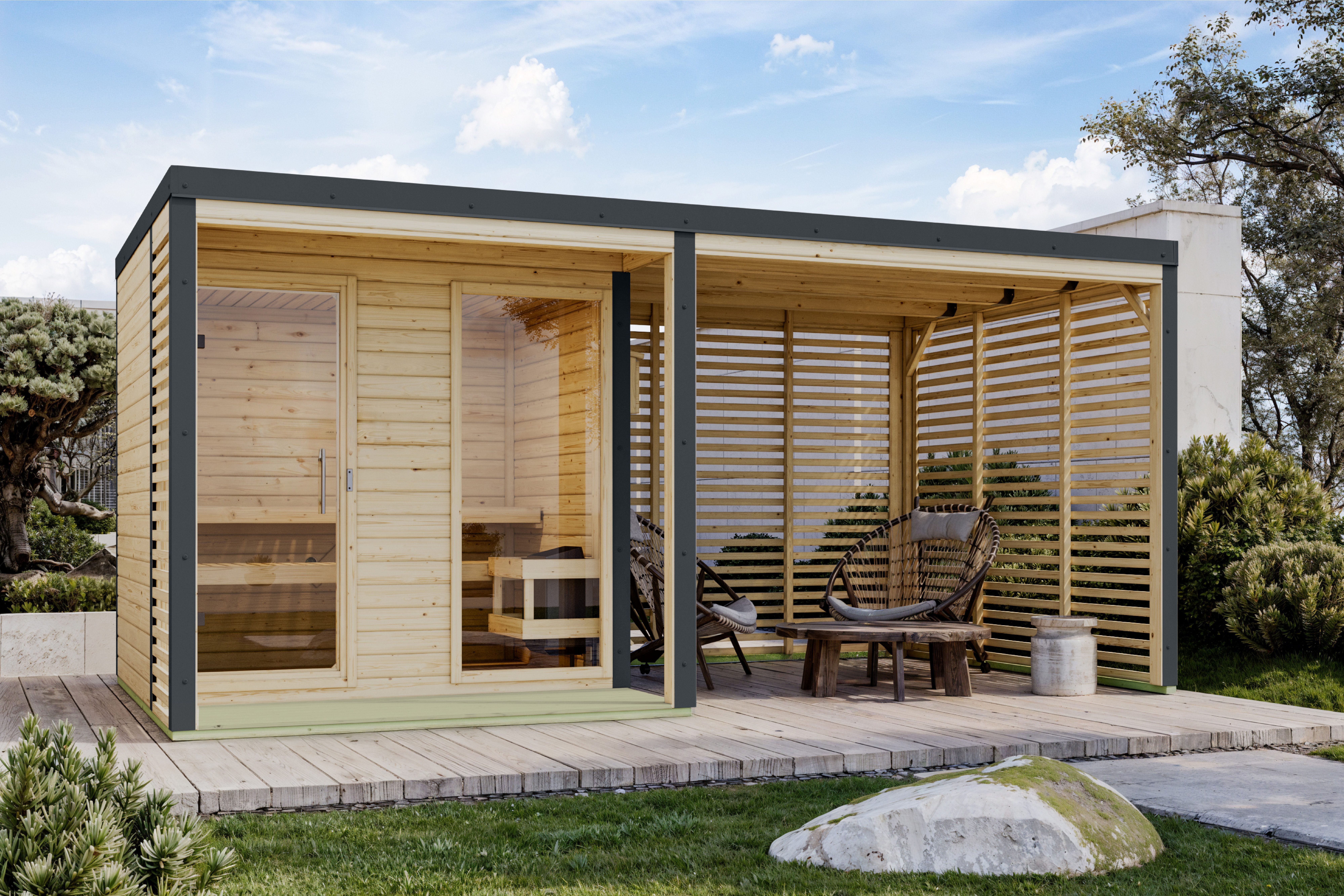 Karibu Anbaudach für Saunahaus "Adrian" 2,76m inkl. Lamellenwänden, BxT: 269x276 cm, Bedachung Massivholzdach, naturbelassen-anthrazit