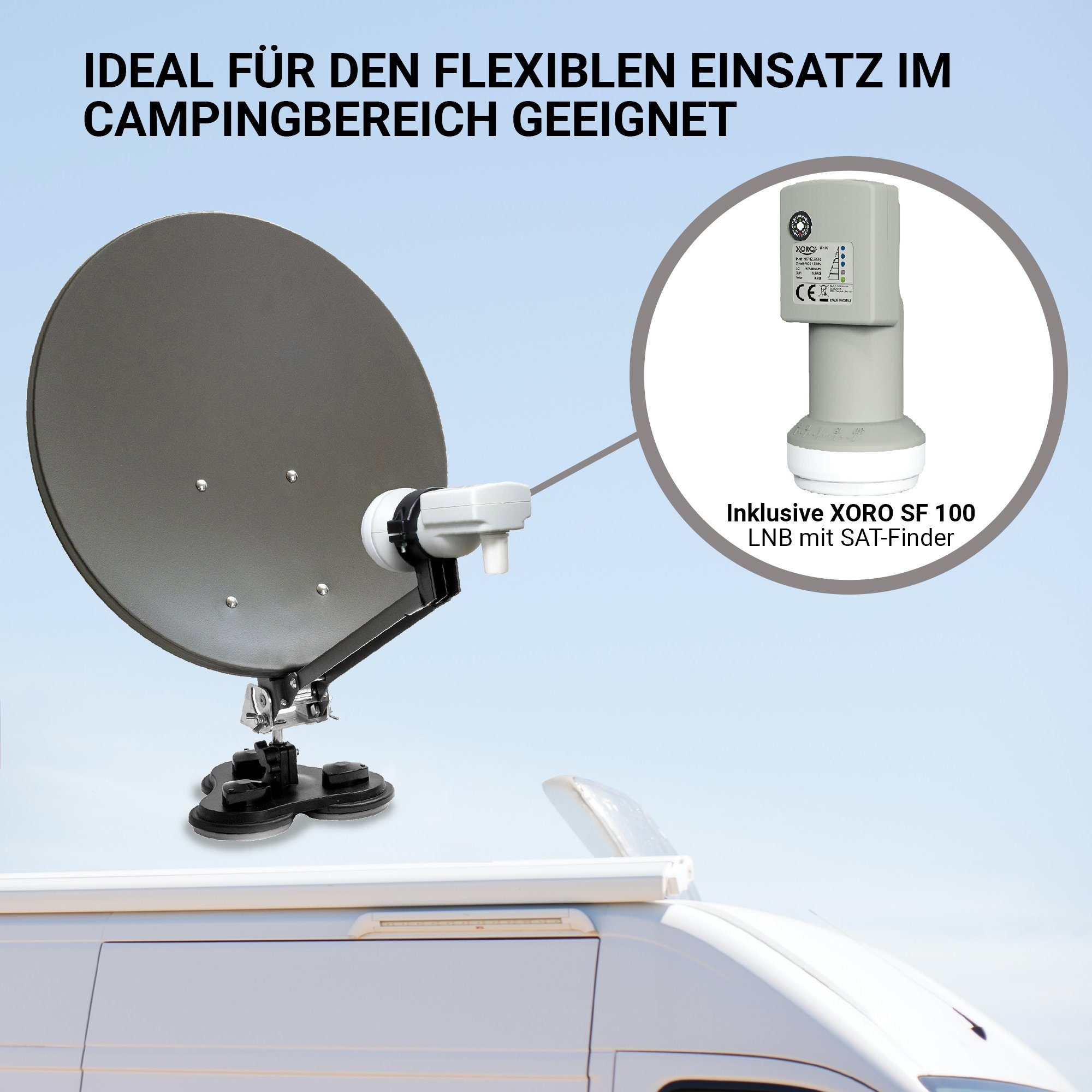 Xoro MCA 38 HD Set 38.5cm Camping SAT Antenne inkl. DVB-S2 Receiver SAT-Antenne (385 cm, Stahl, Camping‑Sat‑Anlage im Koffer mit 38,5‑cm Spiegel und Satfinder)