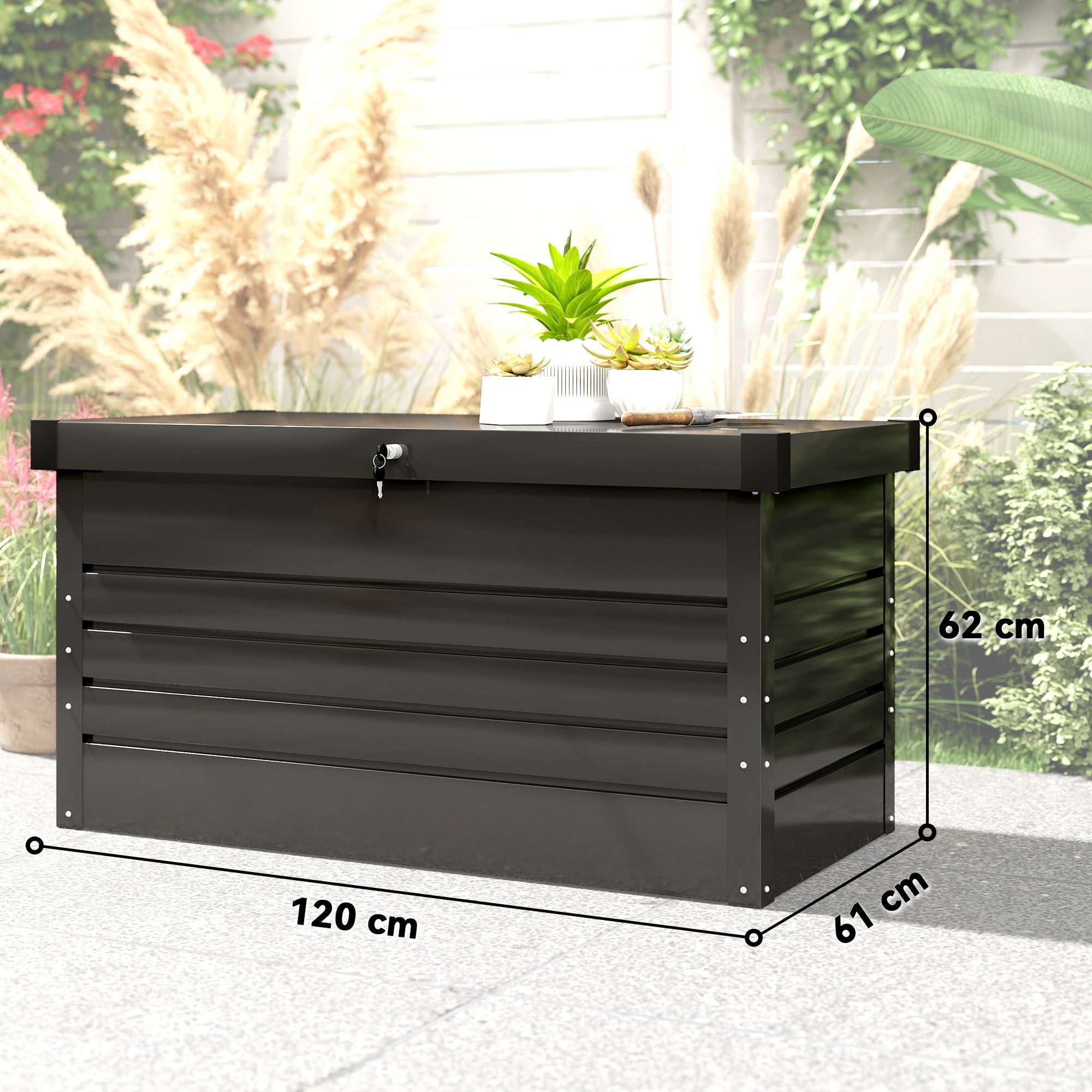 Outsunny Gartenbox mit doppelwandig Deckel, Handschuhe (Kissenbox, 3 St., Abschließbar Auflagenbox), für Garten Balkon Grau