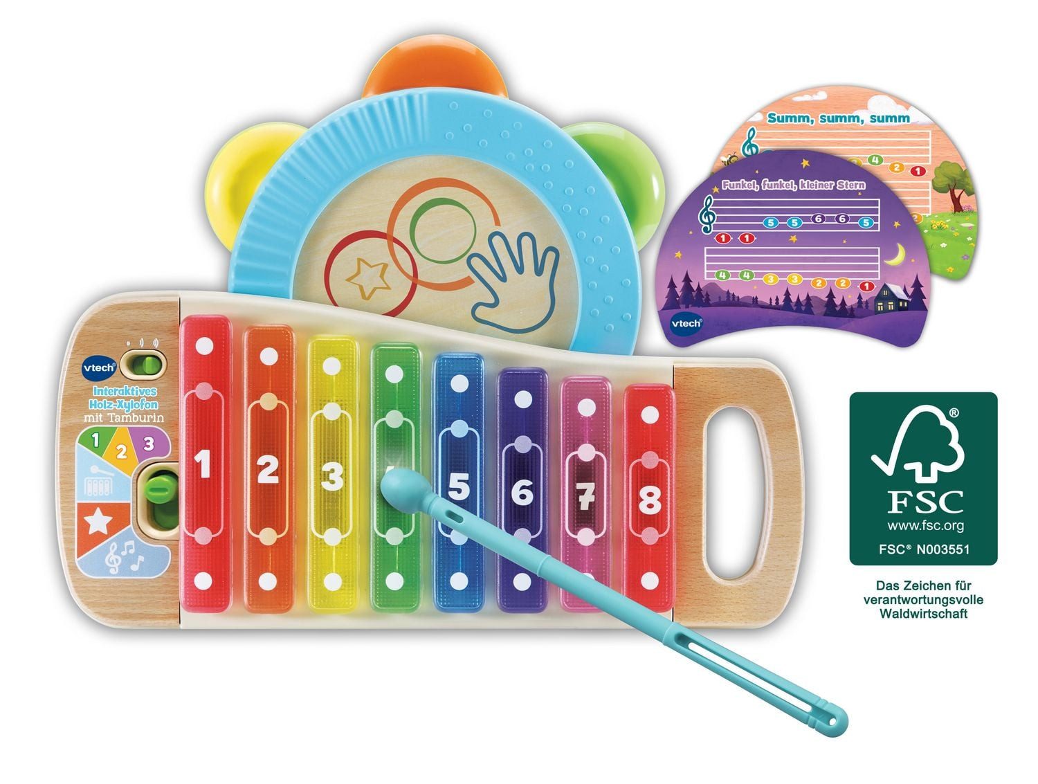VTech Electronics Europe BV Spielzeug-Musikinstrument Interaktives Holz-Xylofon mit Tamburin