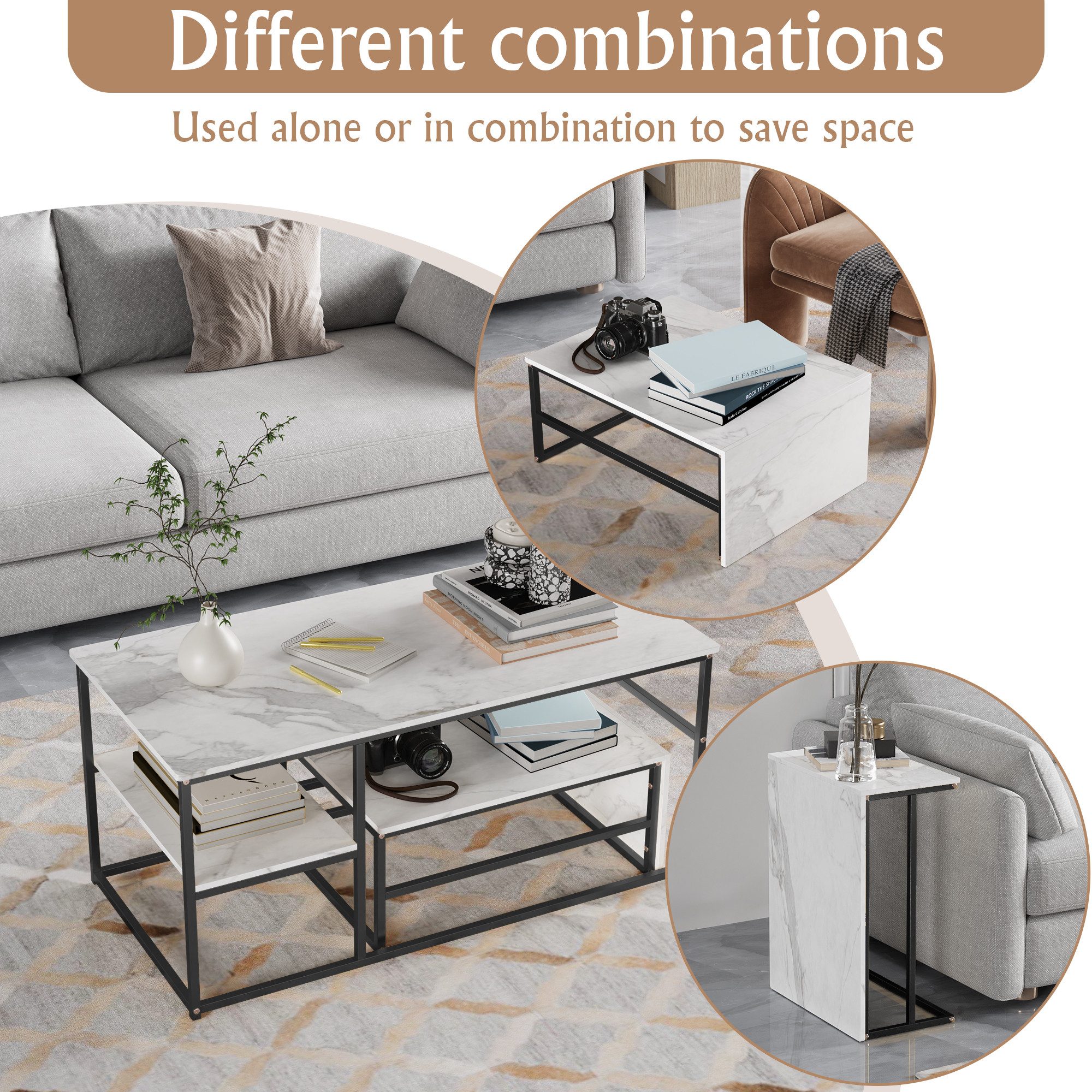 FUROKOY Couchtisch Beistelltisch Sofatisch wohnzimmertisch kaffeetisch 2er set (Quadratische,Set 2 in 1), Modern design Couchtisch mit Schwarz beinen,Marmoroptik,Schwarz + Weiß
