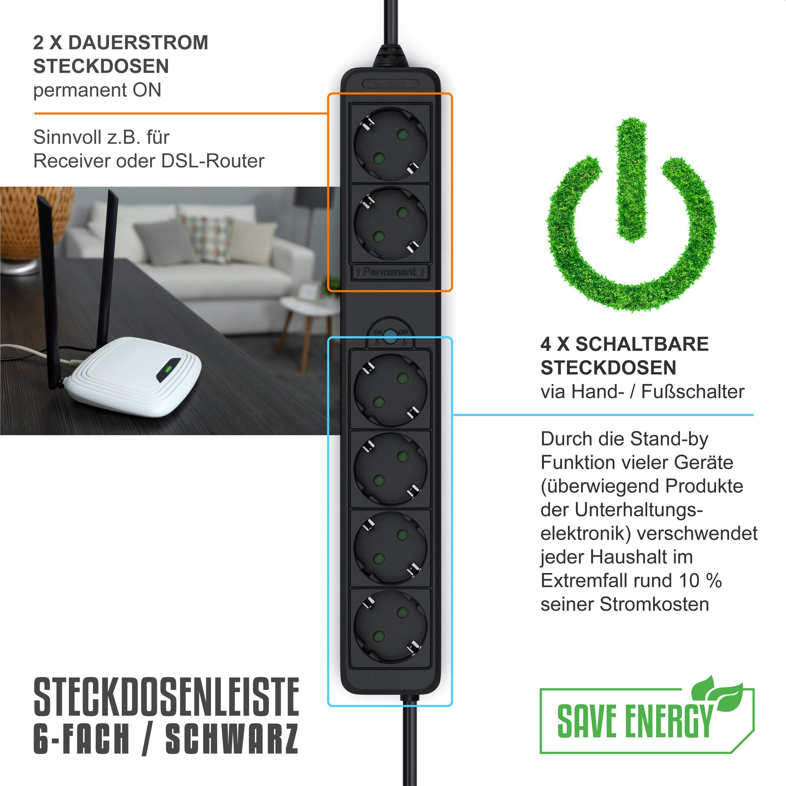 Arendo 6-fach Mehrfachstecker mit Fußschalter, 2x Dauer-AN, 4x Schaltfunktion Steckdosenleiste 6-fach (Schalterbeleuchtung, Ein- / Ausschalter, Kindersicherung, Schutzkontaktstecker, Überspannungsschutz, Kabellänge 1,50 m), Mehrfachsteckdose 1,5m Kabel, Wandmontage möglich, Berührungsschutz