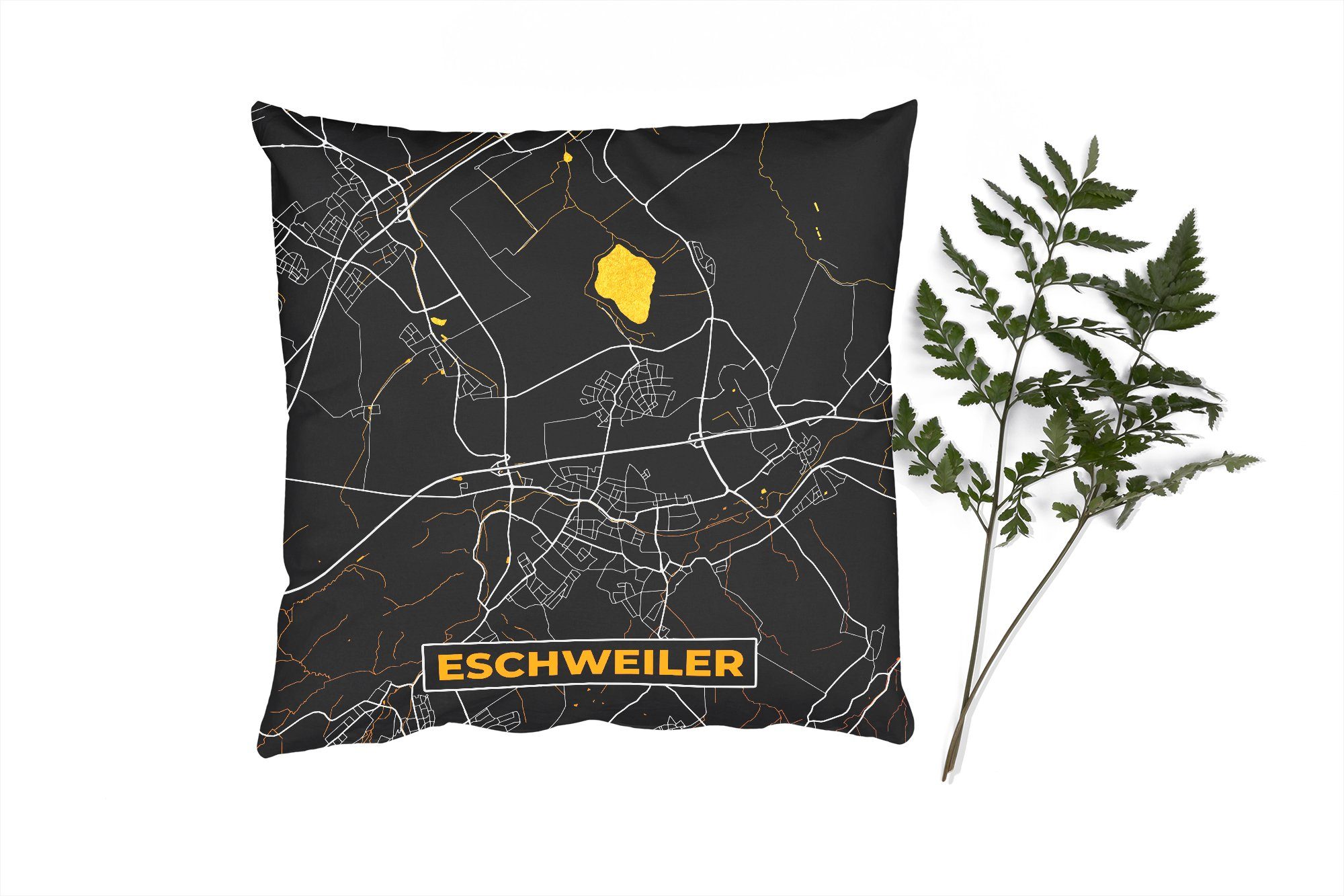 MuchoWow Dekokissen Schwarz und Gold - Stadtplan - Eschweiler - Deutschland - Karte, Zierkissen mit Füllung für Wohzimmer, Schlafzimmer, Deko, Sofakissen
