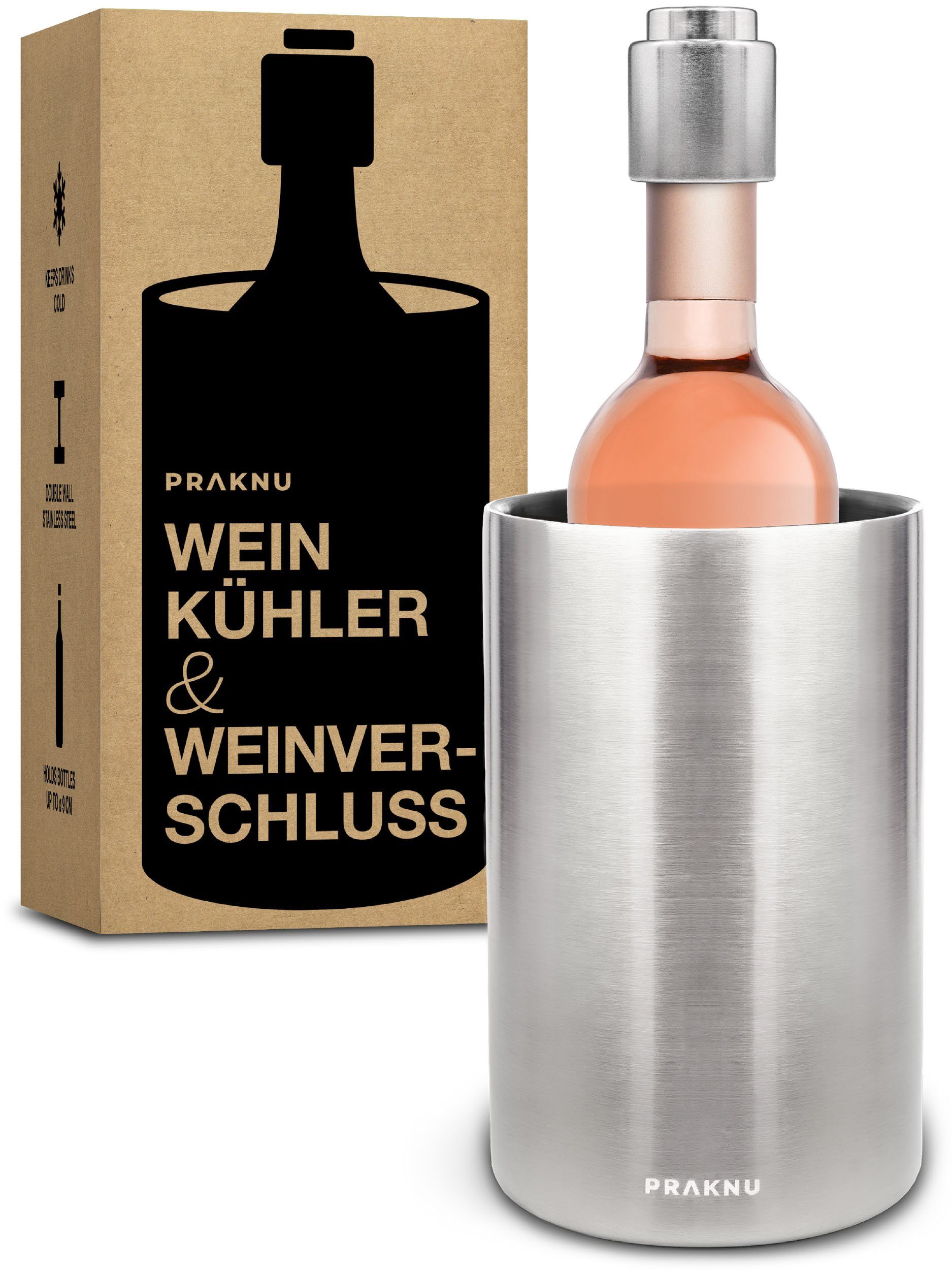 Praknu Weinkühler Weinkühler mit Weinverschluss, Doppelwandiger Edelstahl -  Hält lange kühl - Spülmaschinenfest