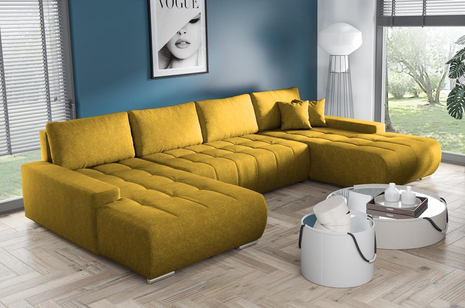 Ecksofa Gelb (aston Wellenfedern U DRACO U-förmig Schlaffunktion 08) Bettkasten Ecksofa Beautysofa