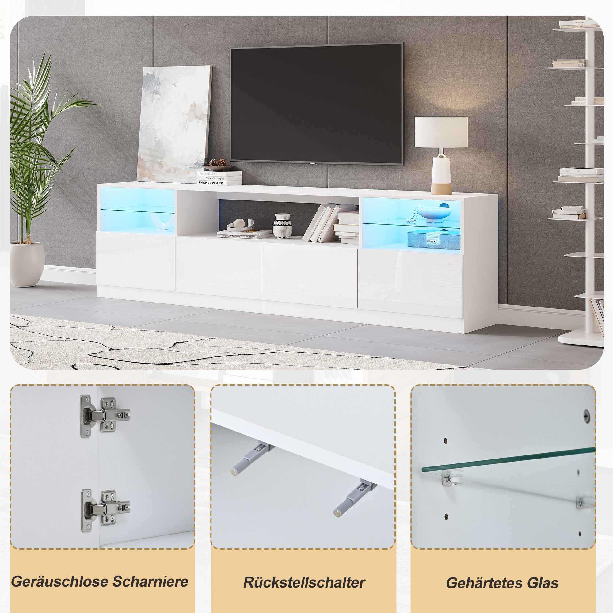 STILVORA Lowboard Hochglanz-TV-Schrank mit LED-Beleuchtung für Fernseher bis zu 75 Zoll (4 Türen, LED-Licht, Flügeltüren, Glasböden, Hochglanz, 180×35×60cm, Spanplatte, gehärtetes Glas, stabil, pflegeleicht), für Wohnzimmer, Esszimmer und moderne Entertainment-Bereiche