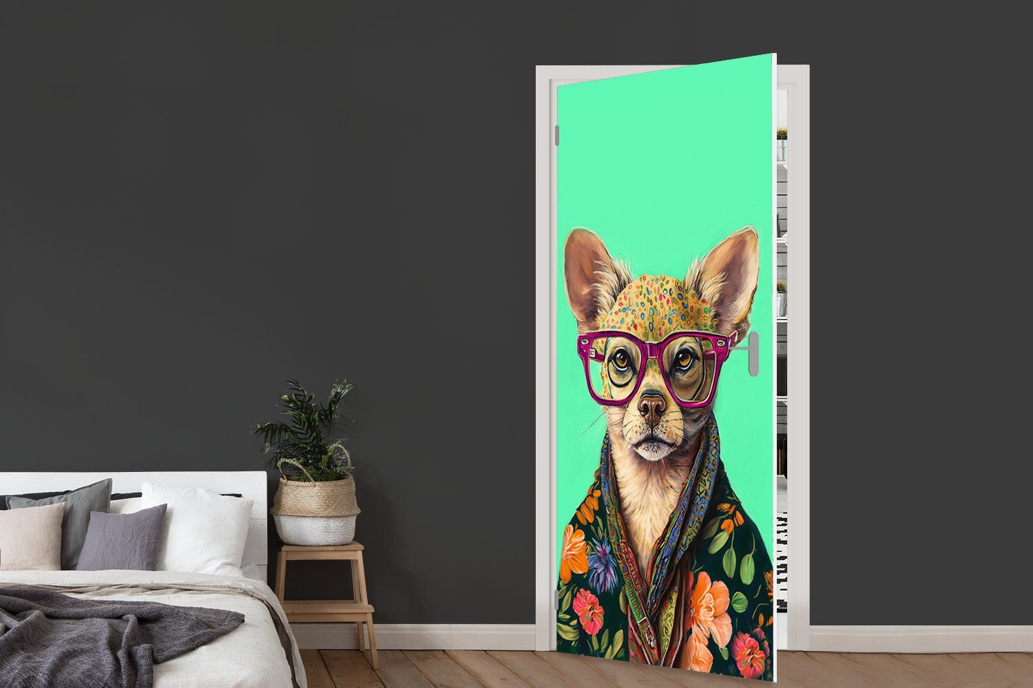 Chihuahua, Matt, - bedruckt, - Blumen Tür, Türtapete Hund MuchoWow Brille für - Tier St), Fototapete 75x205 Türaufkleber, cm (1 -