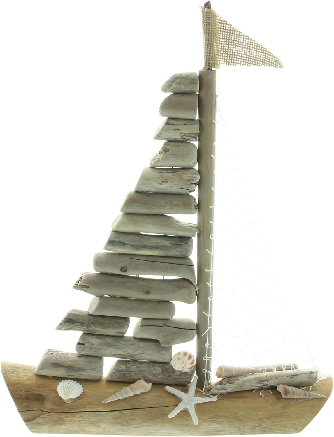 Dekofigur Segelboot "Sailor" aus Treibholz mit Muscheln, 39 cm hoch, Dekoboot