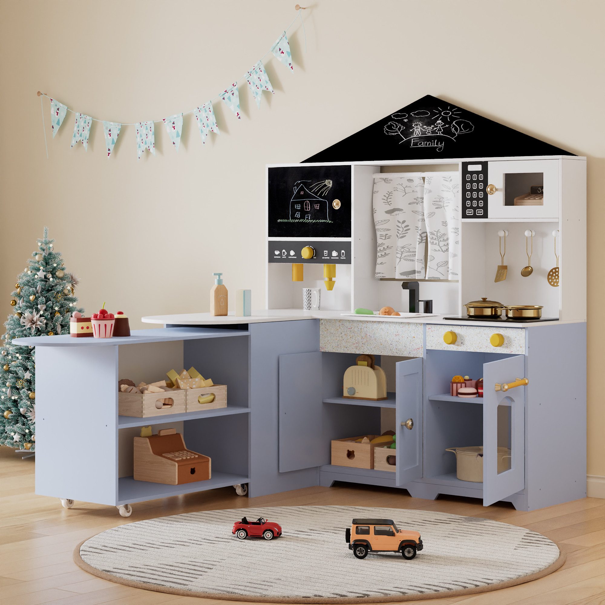 SOFTWEARY Spielküche Holz, MDF, Kunststoff, Spielzeugküche inkl. Zubehör mit Sound für Kinder, Kinderküche