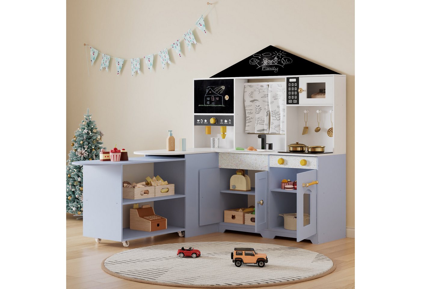 SOFTWEARY Spielküche Holz, MDF, Kunststoff, Spielzeugküche inkl. Zubehör mit Sound für Kinder, Kinderküche