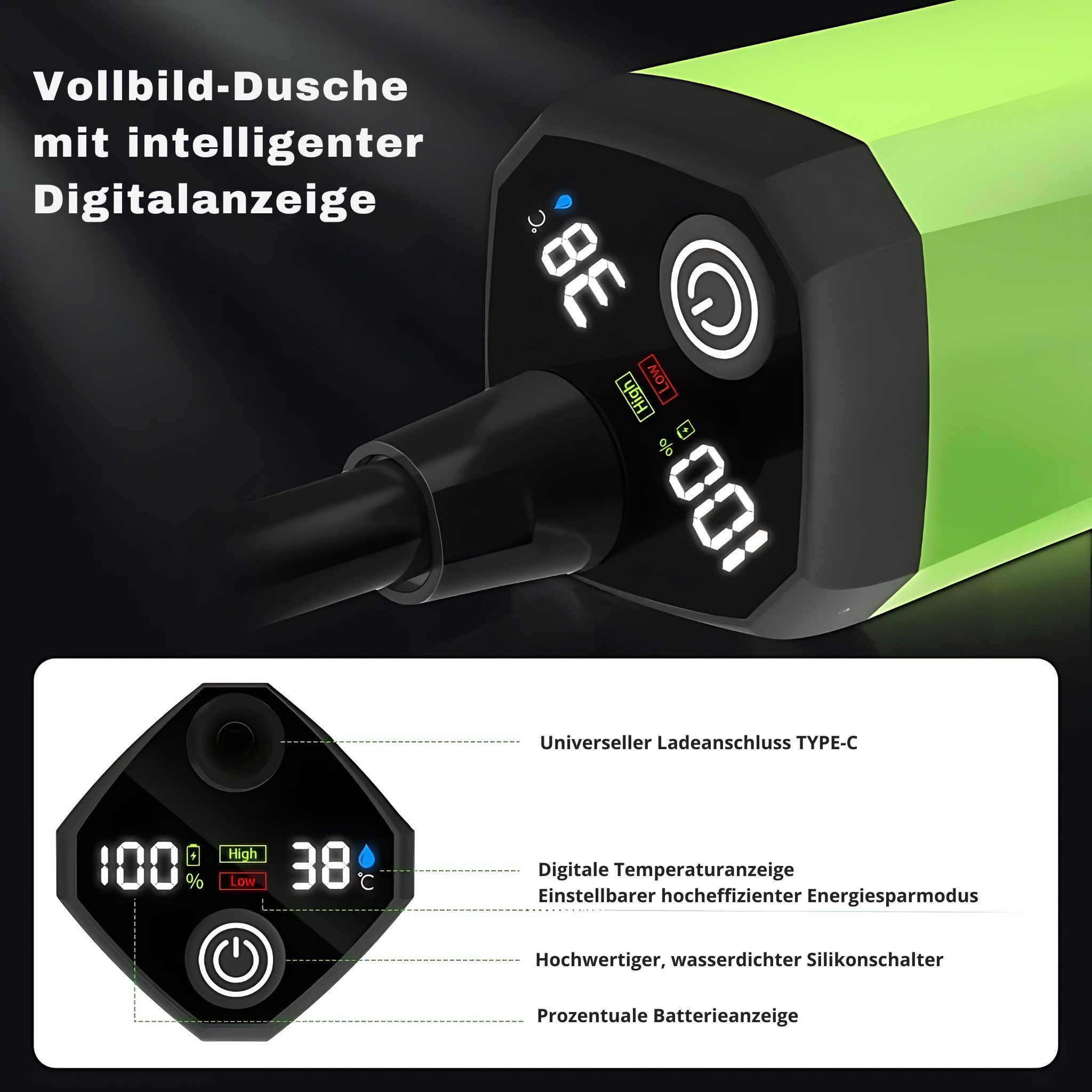 HS.SUPPLY Gartendusche Campingdusche, mobile Dusche (Komplettset), Mit LED-Display, Wasserdruck einstellbar, lange Laufzeit