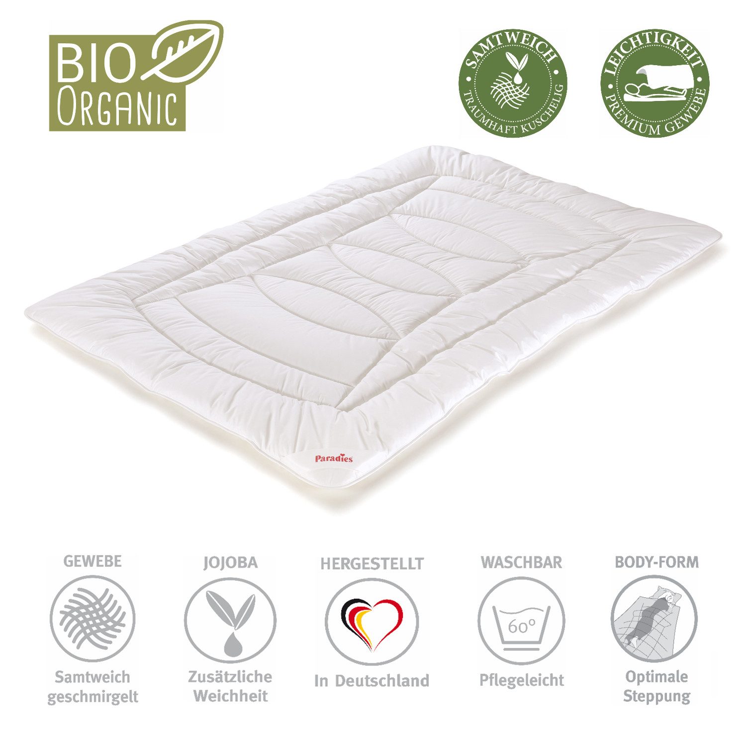 Paradies Kunstfaserbettdecke Paradies Sommer Bettdecke Bella Bio sommerleicht Sommerdecke 135x200, Füllung: Paradies Softcell Fasertechnologie für dauerhaft bauschiges Volumen, 80% Polyester (50% recycled), 20% Lyocell, Bezug: 100% Bio- Baumwolle, Klimaneutrale Herstellung, GRS zertifiziert