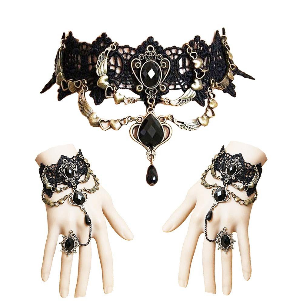 Coonoor Textilband Gothic Schwarz Sexy Spitze Kragen Quaste Choker Halskette Armbänder (3-tlg), für Halloween Ostern Lolita Spitze Geschenk