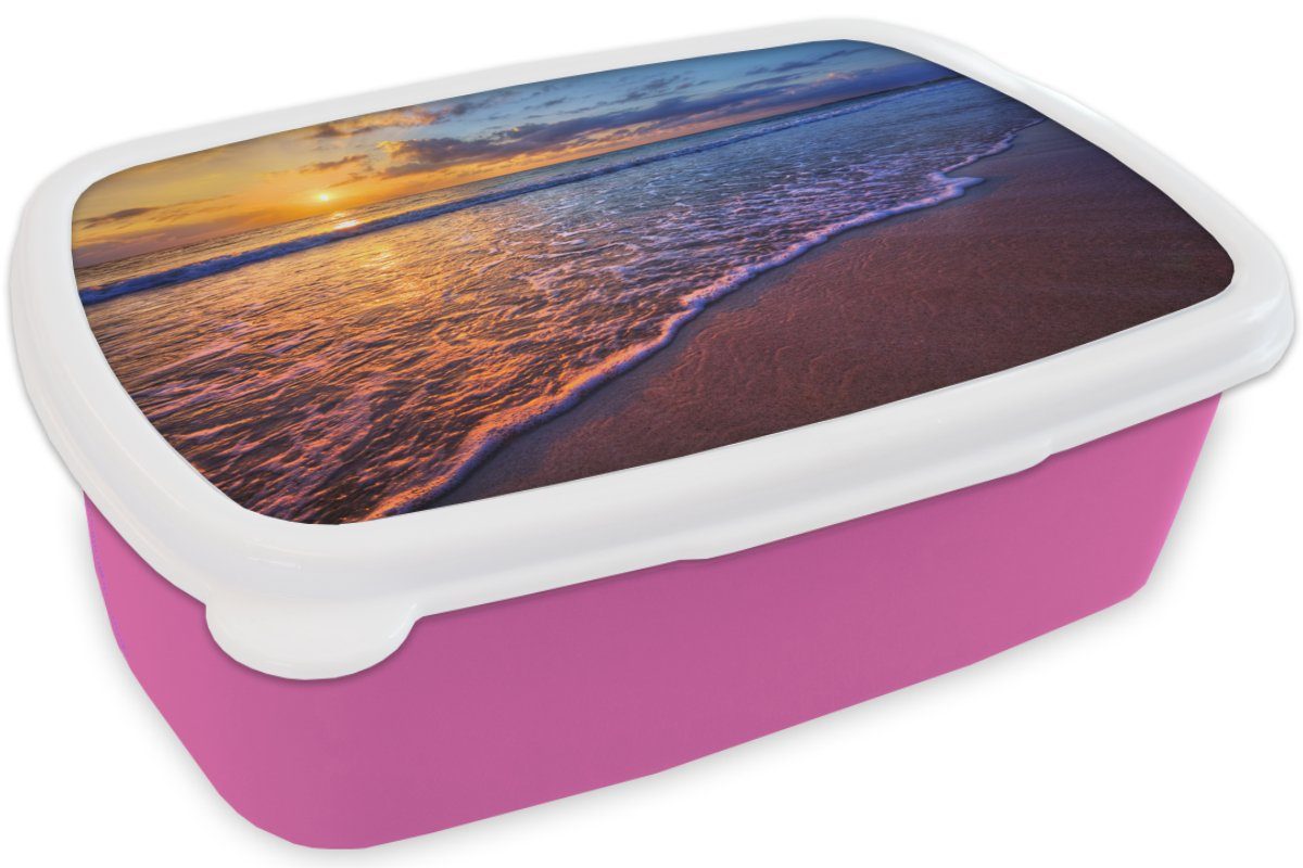MuchoWow Lunchbox Meer - - rosa Erwachsene, Brotdose - Kunststoff Wolken Sonnenuntergang (2-tlg), Snackbox, Kinder, für Brotbox Mädchen, Kunststoff, - Horizont, Strand