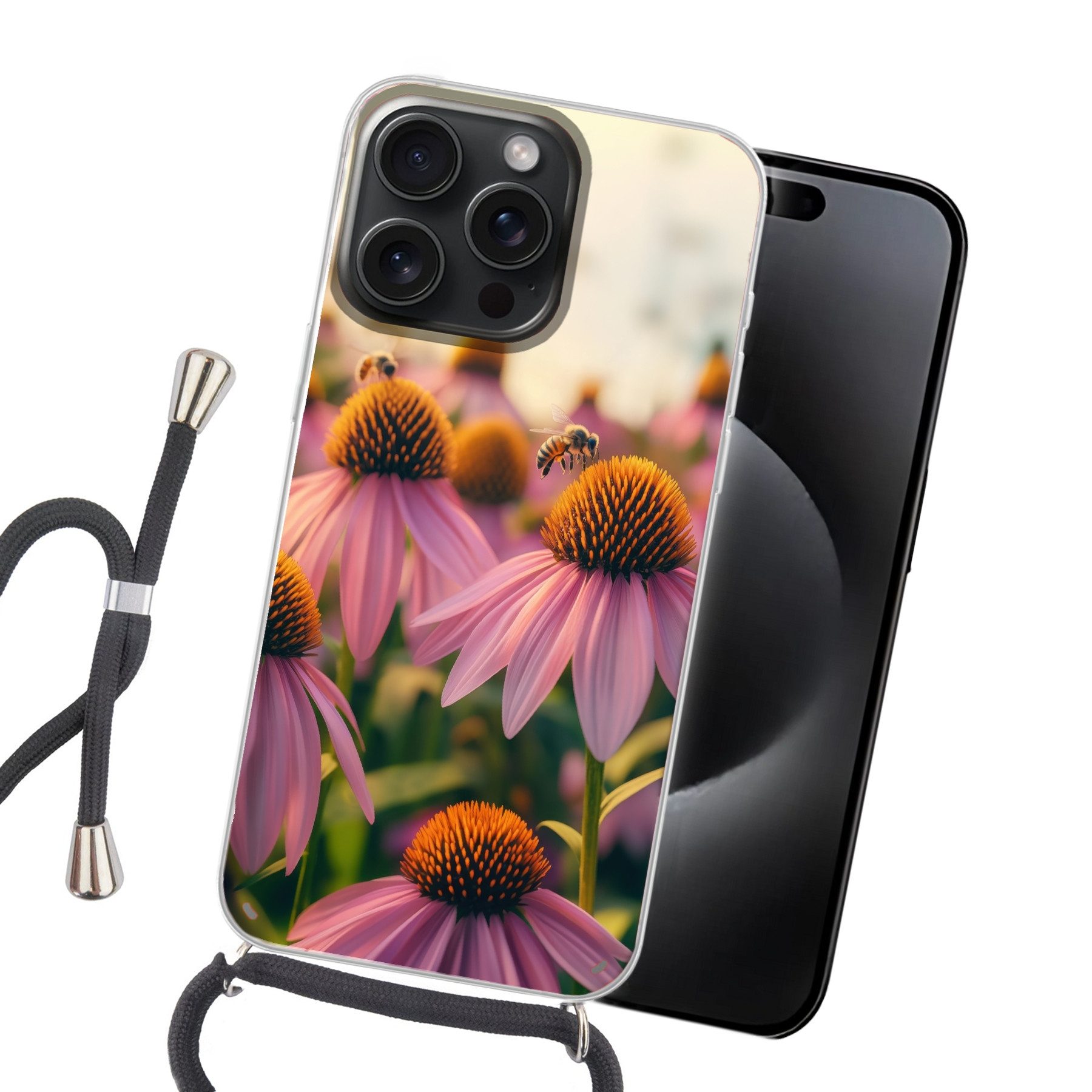 MuchoWow Handyhülle für Apple iPhone 15 Pro Max Blumen - Lila - Bienen, Tragbare Handyhüllen mit Kette zum umhängen, Handykette Handyband