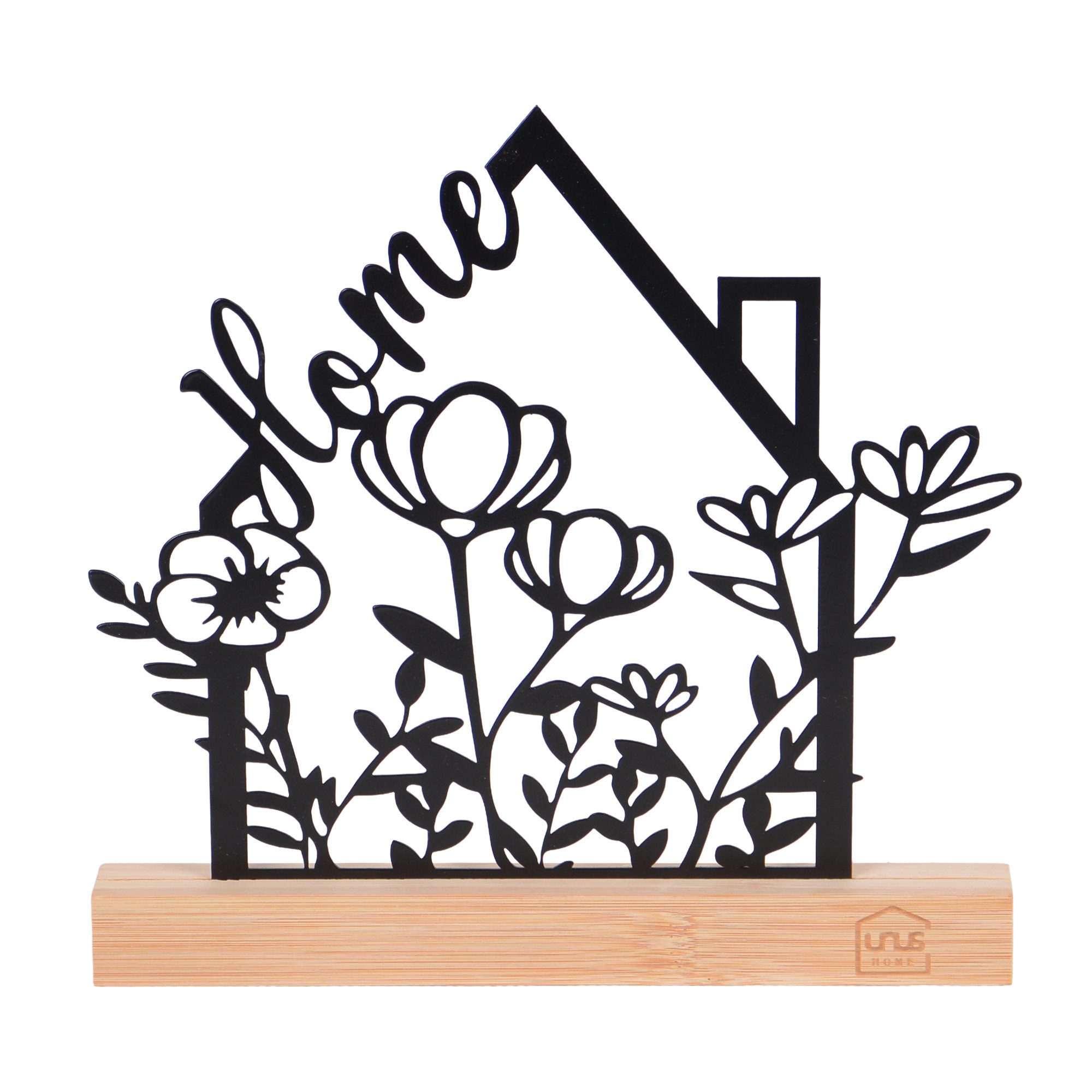 UNUS HOME Dekofigur Aufsteller "Welcome Home" mit Blumen in schwarz oder weiß (ca. 23,5 x 24 cm), Blumen deko, Deko fürs Wohnzimmer und Flur