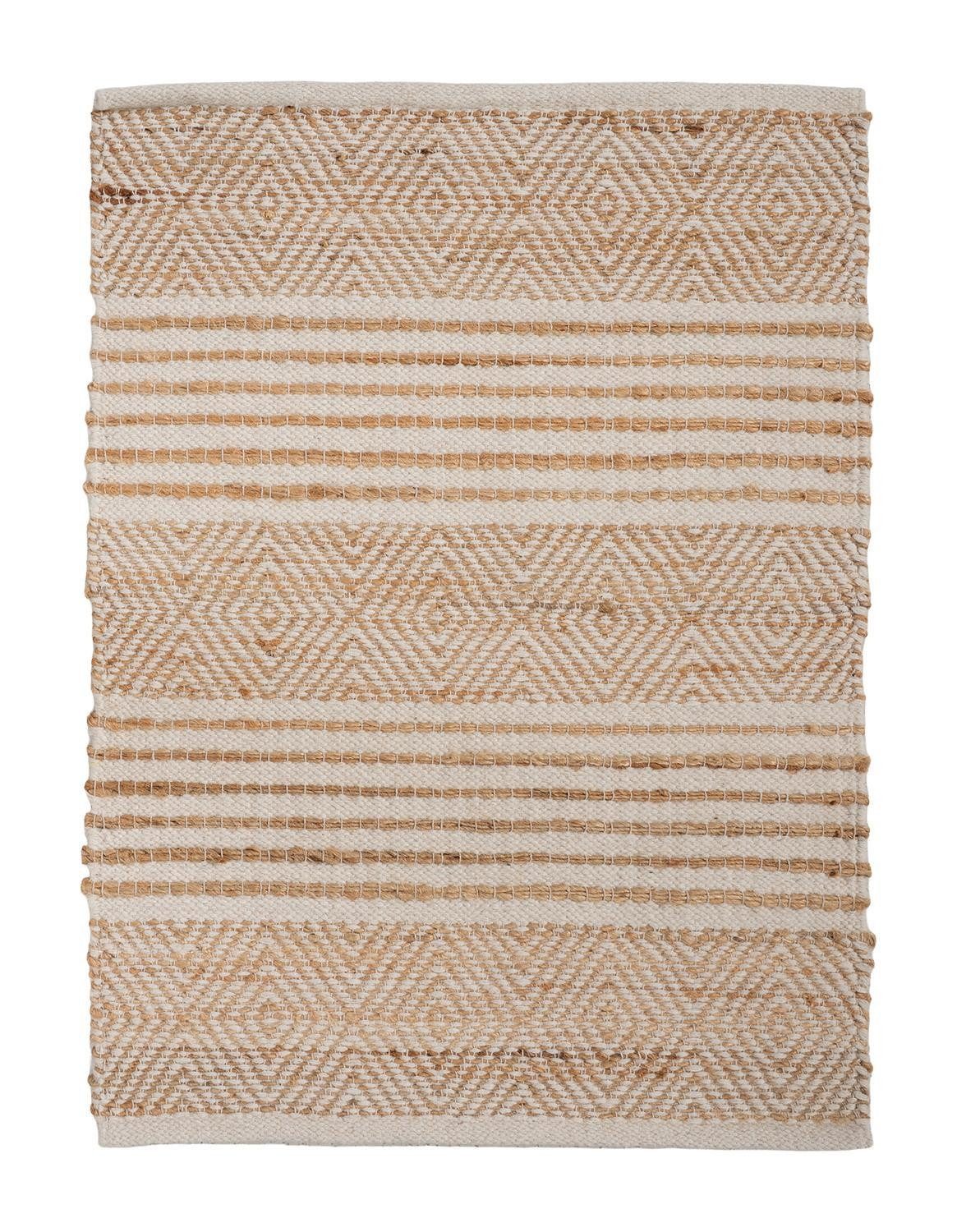 Home4You Teppich Handwebteppich, 60 x 90 cm, Beige, Weiß, rechteckig, Streifen- und Ethnomuster, handgewebt