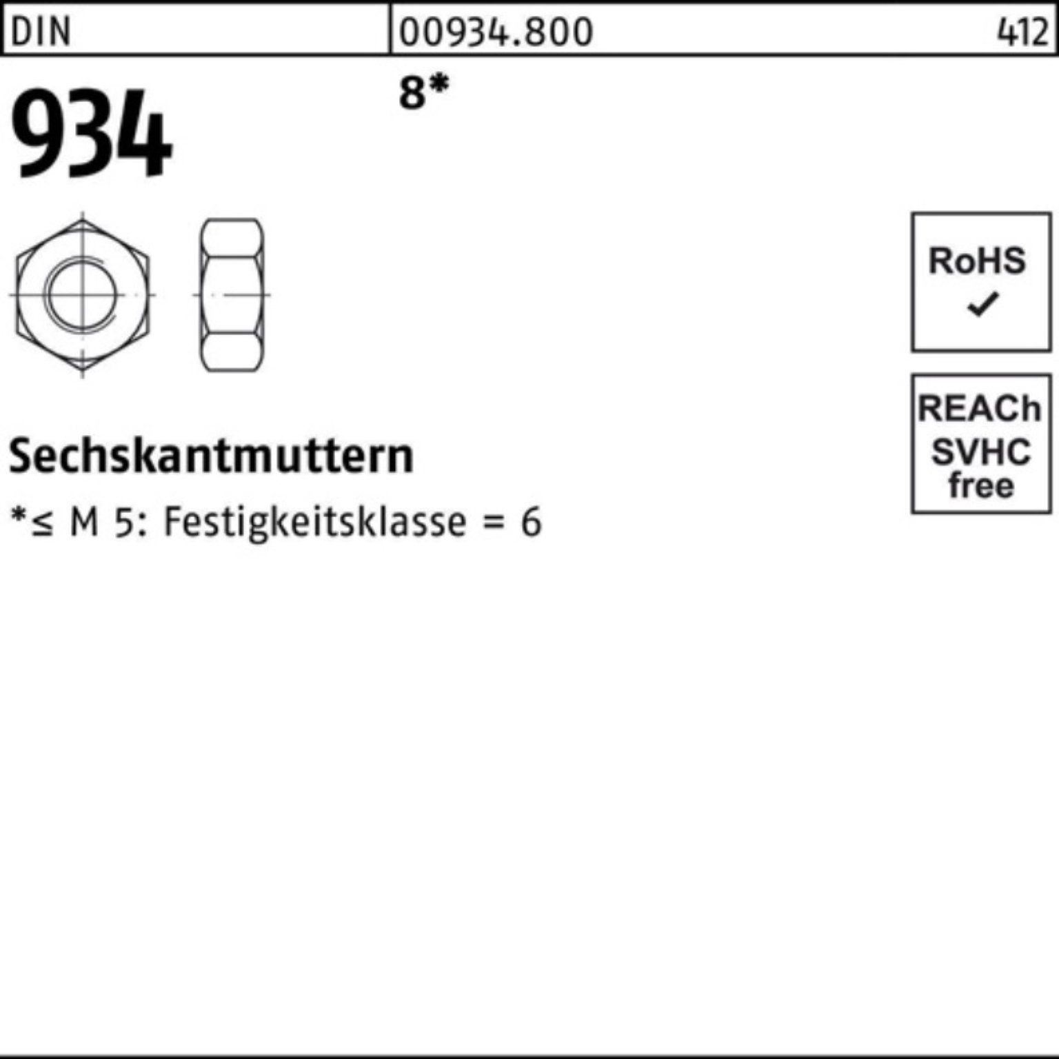 934 Reyher DIN 934 Muttern Pack DIN 8 Sechskan 8 M20 100er Stück 100 Sechskantmutter