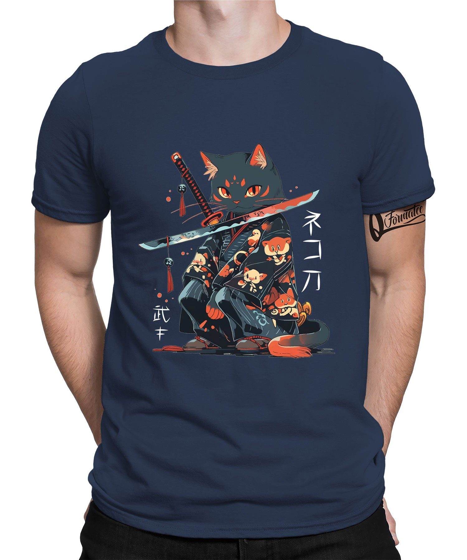Quattro Formatee Kurzarmshirt Japanese Samurai Ninja Cat Kawaii - Anime Japan Ästhetik Herren T-Shir (1-tlg) Navy Blau