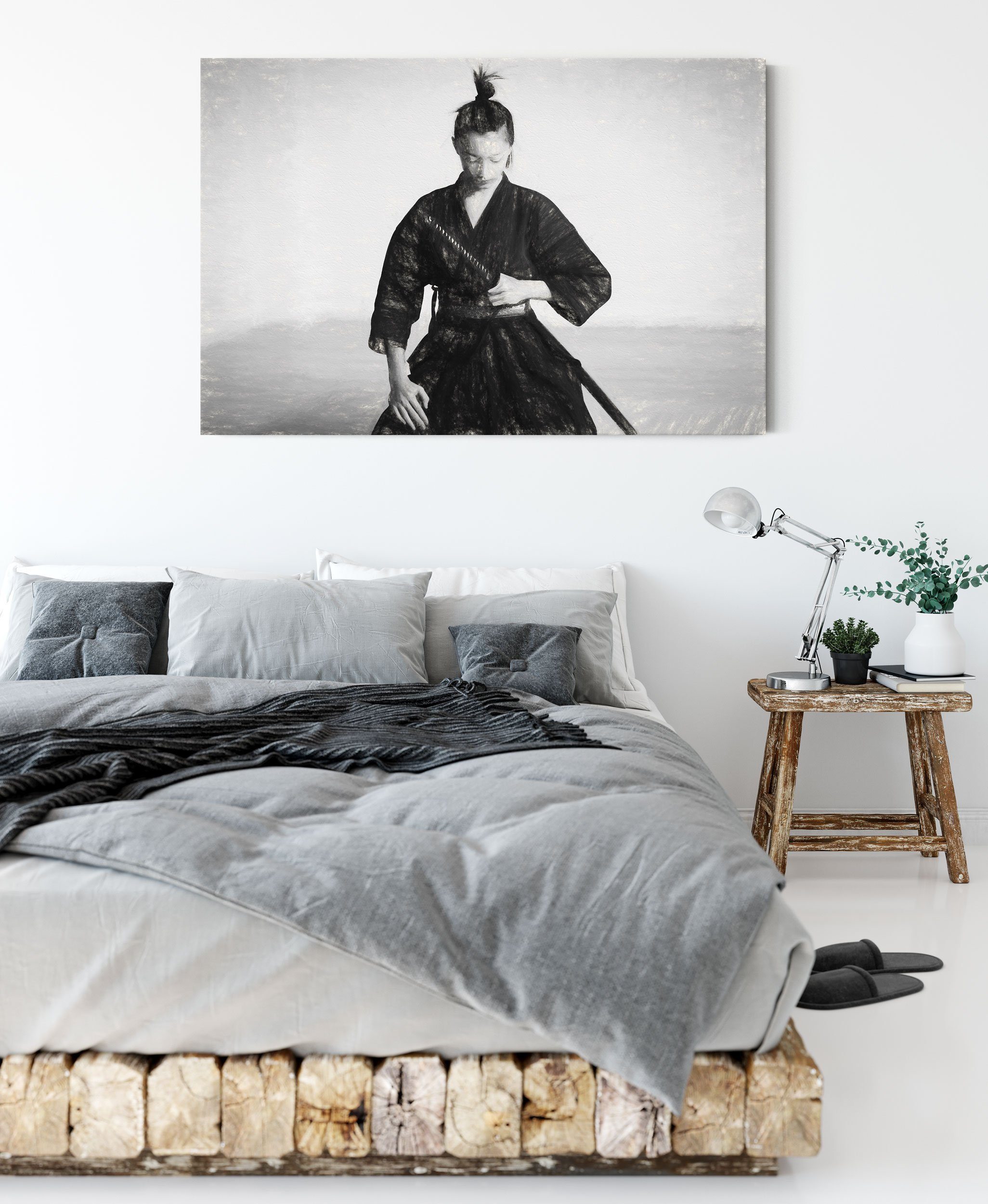bespannt, Pixxprint Samurai-Kriegerin St), Zackenaufhänger stolze Kunst Leinwandbild inkl. fertig Kunst, Samurai-Kriegerin stolze Leinwandbild (1